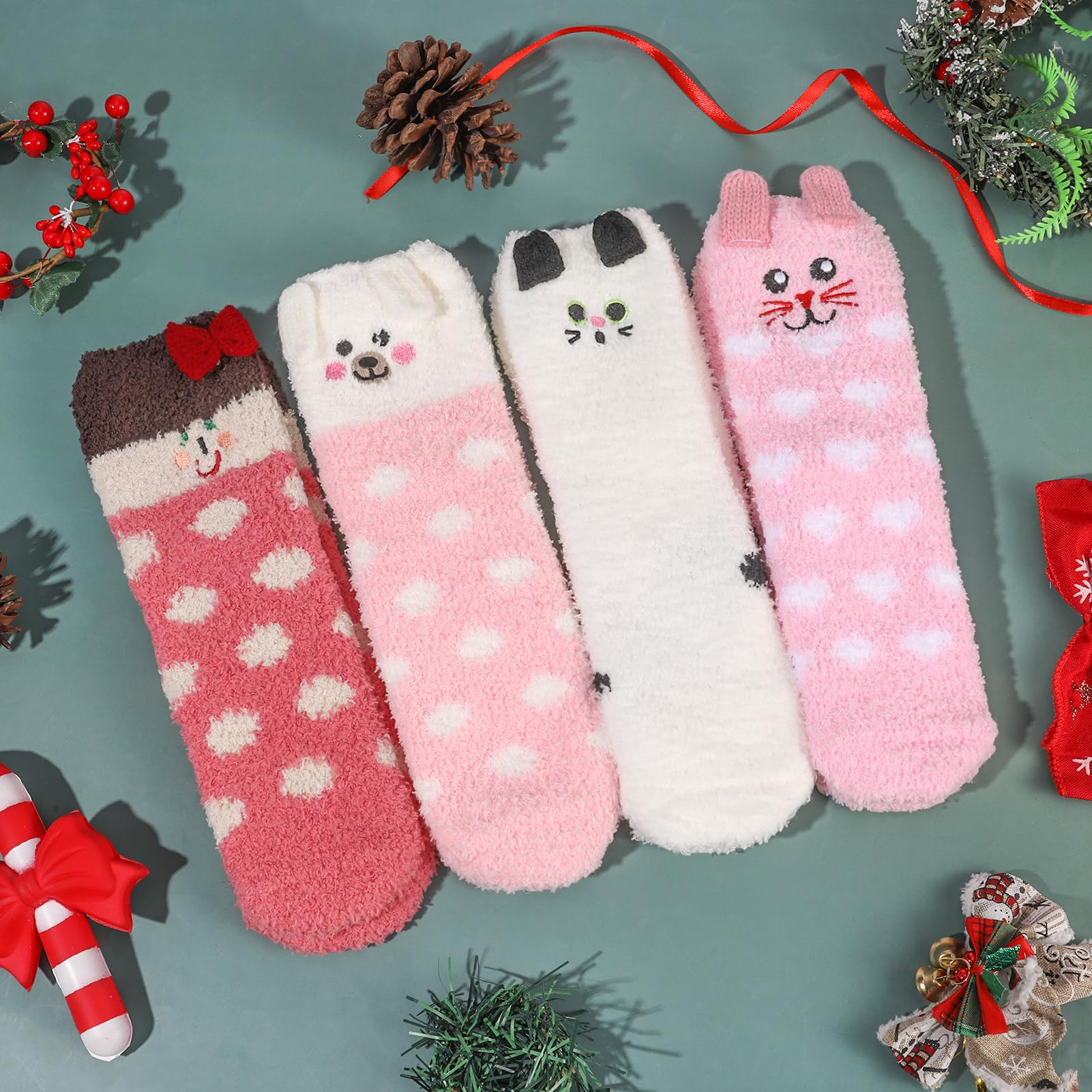 Radsocken 4 Pairs Fluffy Socks for Women and Girls,Cute Animal Pattern Socks Winter Warm Animal Bed Socks Soft Fuzzy Slipper Socks Cozy Cute Fluffy Home Socks Chiristmas Gifts