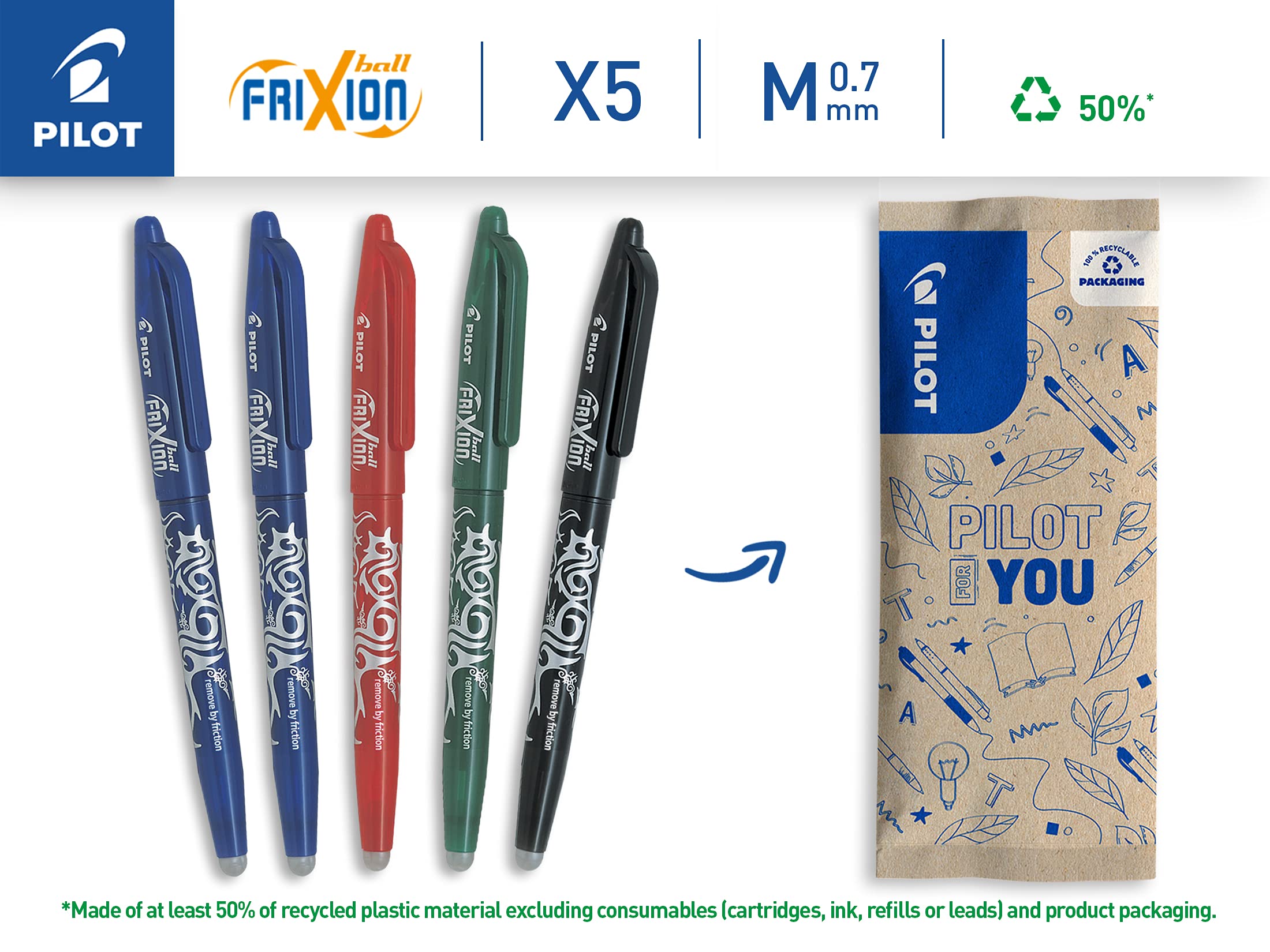 Pilot Frixion Erasable Rollerball 0.7mm Tip, 2 Blue/1 Red/1 Green/1 Black, 5 Count (Pack of 1)