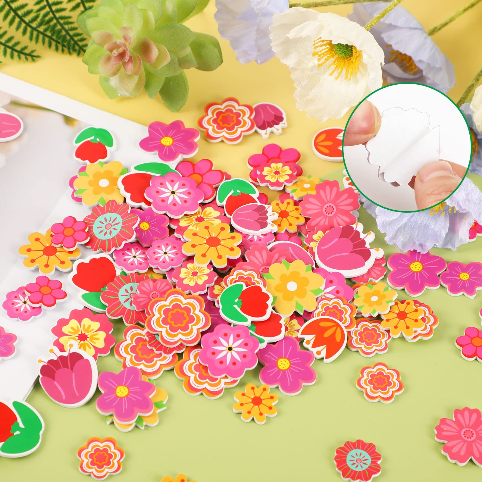 JULBEAR Flower Foam Sticker, 300Pcs Bulk Spring Self-Adhesive Foam Stickers Colorful Mixed Stickers for Kids Party DIY Crafts Favor Decorations Supplies(Flower Style)