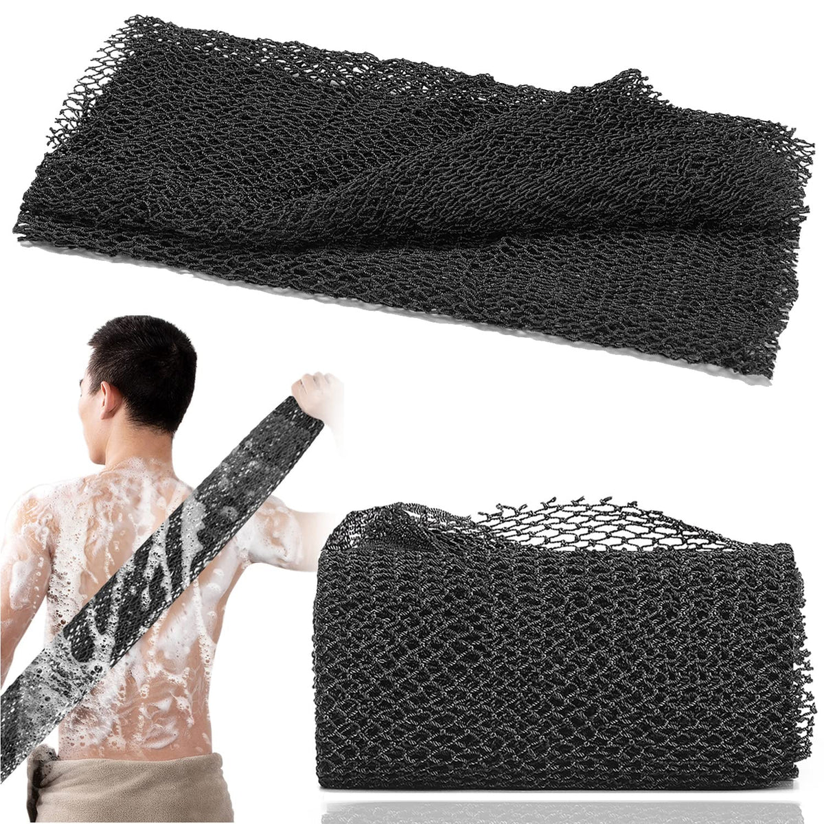 JASSINS African Net Long Bath Net Sponge, Bathing Body Exfoliating Shower Body Back Scrubber Skin Smoother,Stretch Length to 66 INCH (Black)