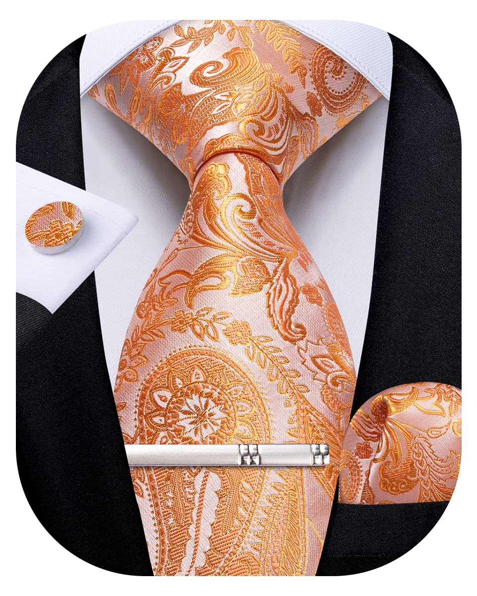 DiBanGu Paisley Tie Set for Men Orange Necktie Silk Woven Ties and Handkerchief Cufflinks Set Formal Wedding