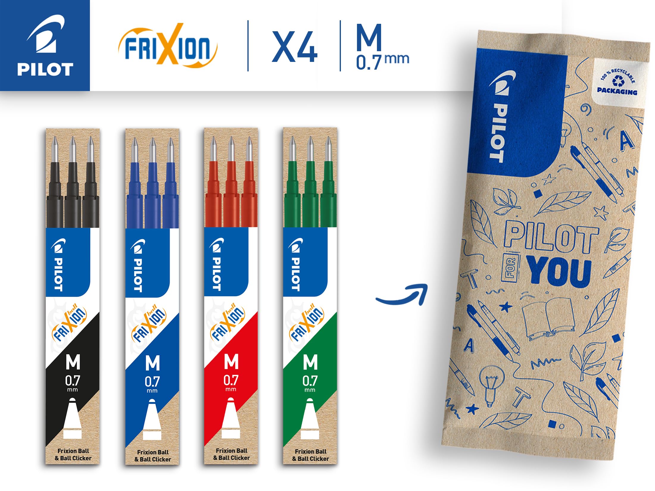 PILOT Frixion Rollerball Refill 0.7 Refills (Pack of 12) (Blue, Black, Red, Green)