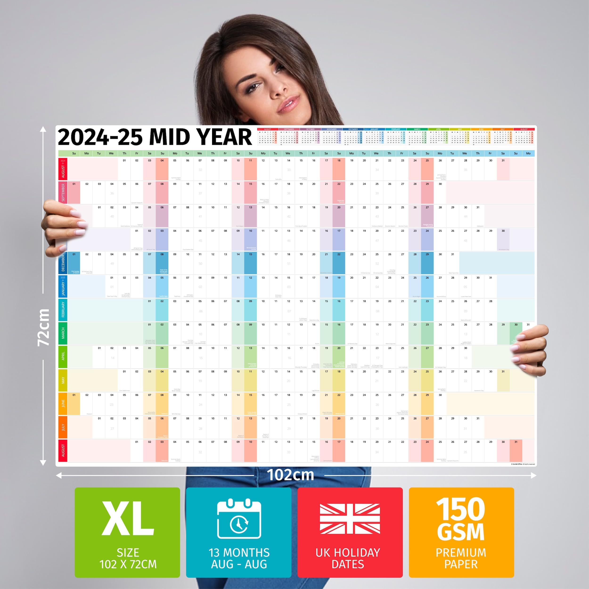 Academic Wall Planner 2024/2025 – Mid Year Wall Planner 2024-2025 - Teacher Planner 2024-2025 - 14 Month Office, University, School, Academic Calendar 2024/25 – Folded Rows Edition