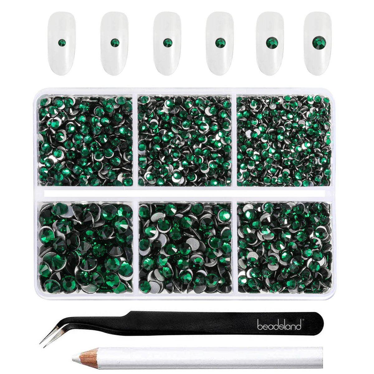 Beadsland 4300pcs Flatback Rhinestones,Green Rhinestones Nail Gems Round Crystal Rhinestones for Crafts,Mixed 6 Sizes with Picking Tweezers and Wax Pencil Kit, SS6-SS20,Emerald