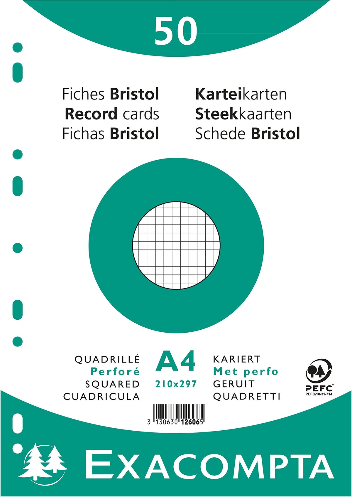 Exacompta - Ref 12606E - Bristol Squared Record Cards (Pack of 50) - A4 in Size, 205gsm Card, Compatible with Printers - Suitable for Exam Revision & Notes - White