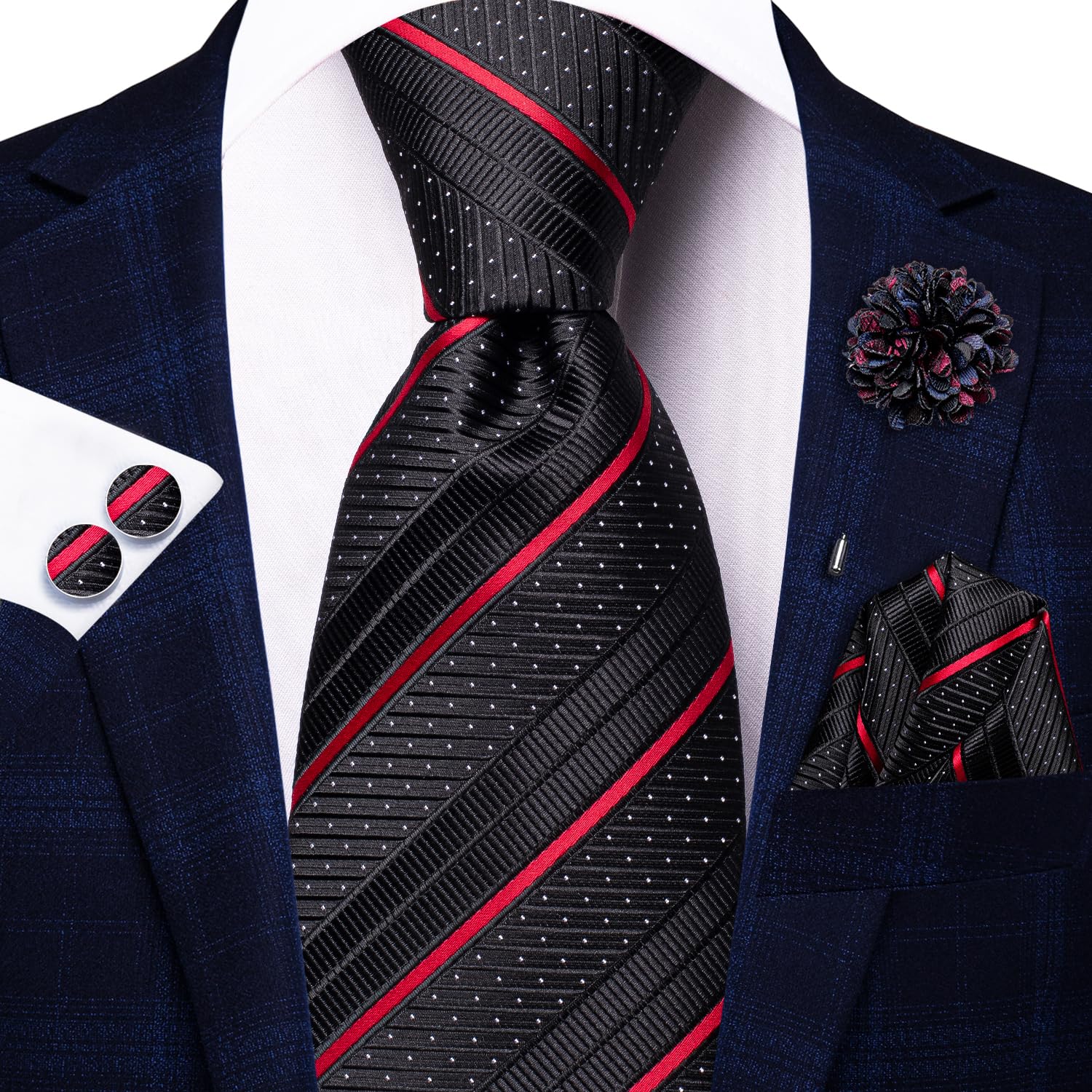 Hi-Tie Black Red Ties for Men Silk Striped Mens Ties and Flower Lapel Pin Necktie Handkerchief Cufflinks Set for Wedding