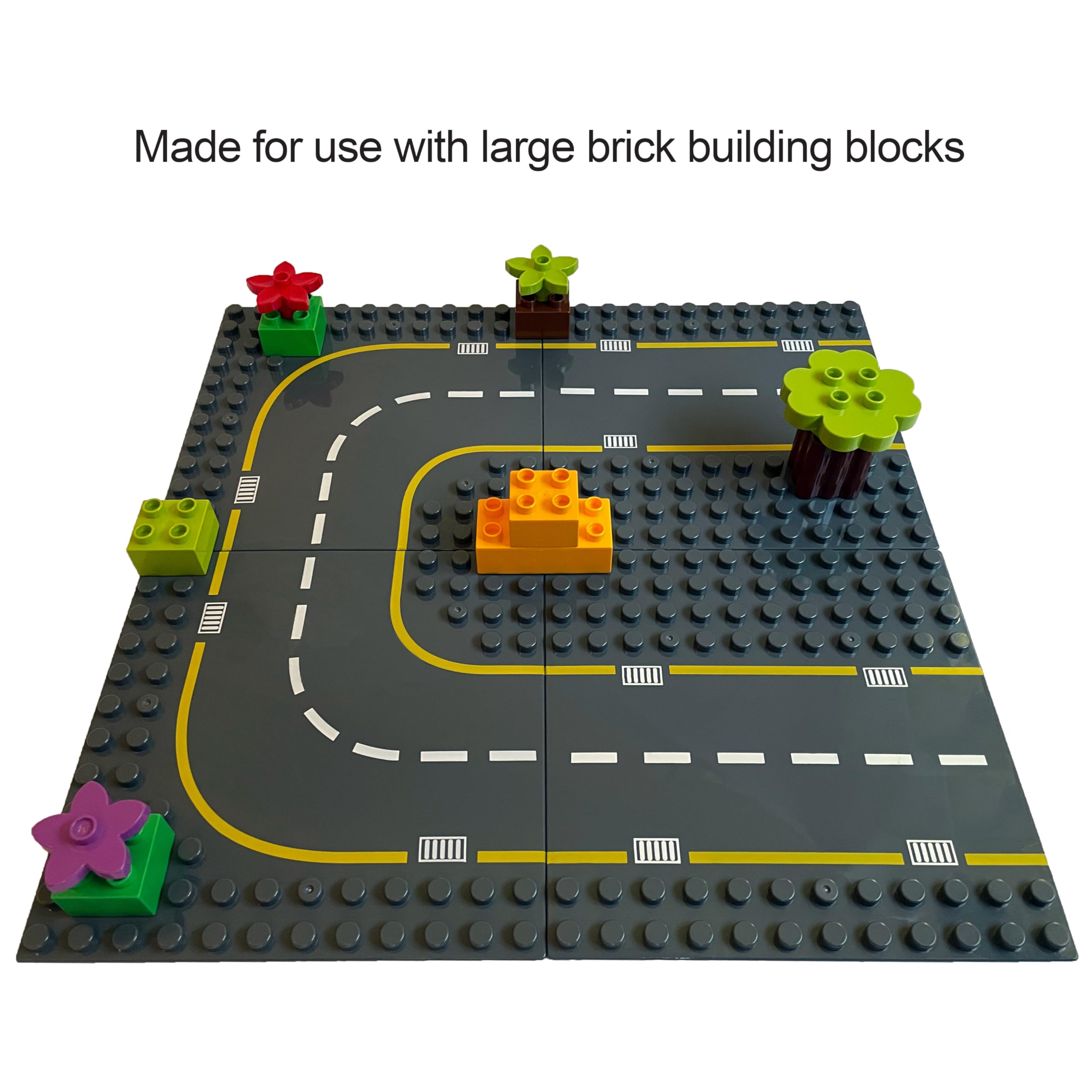 APOSTROPHE Games Building Block Road Base Plates for Large Blocks 19.1 cmx 19.1 cm, 4 Baseplates (2 Straight & 2 Curved Roads) Compatible with Leading Brands