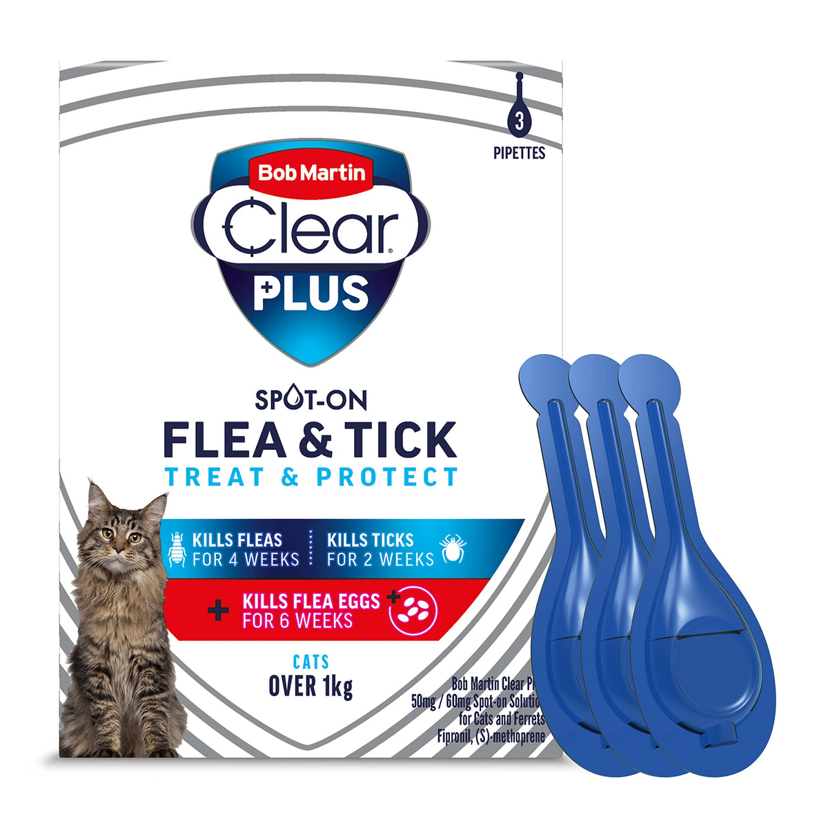 Bob Martin Clear Plus Spot On Flea Treatment for Cats and Kittens - Kills Fleas, Ticks, Lice and Flea Eggs (3 Pipettes)