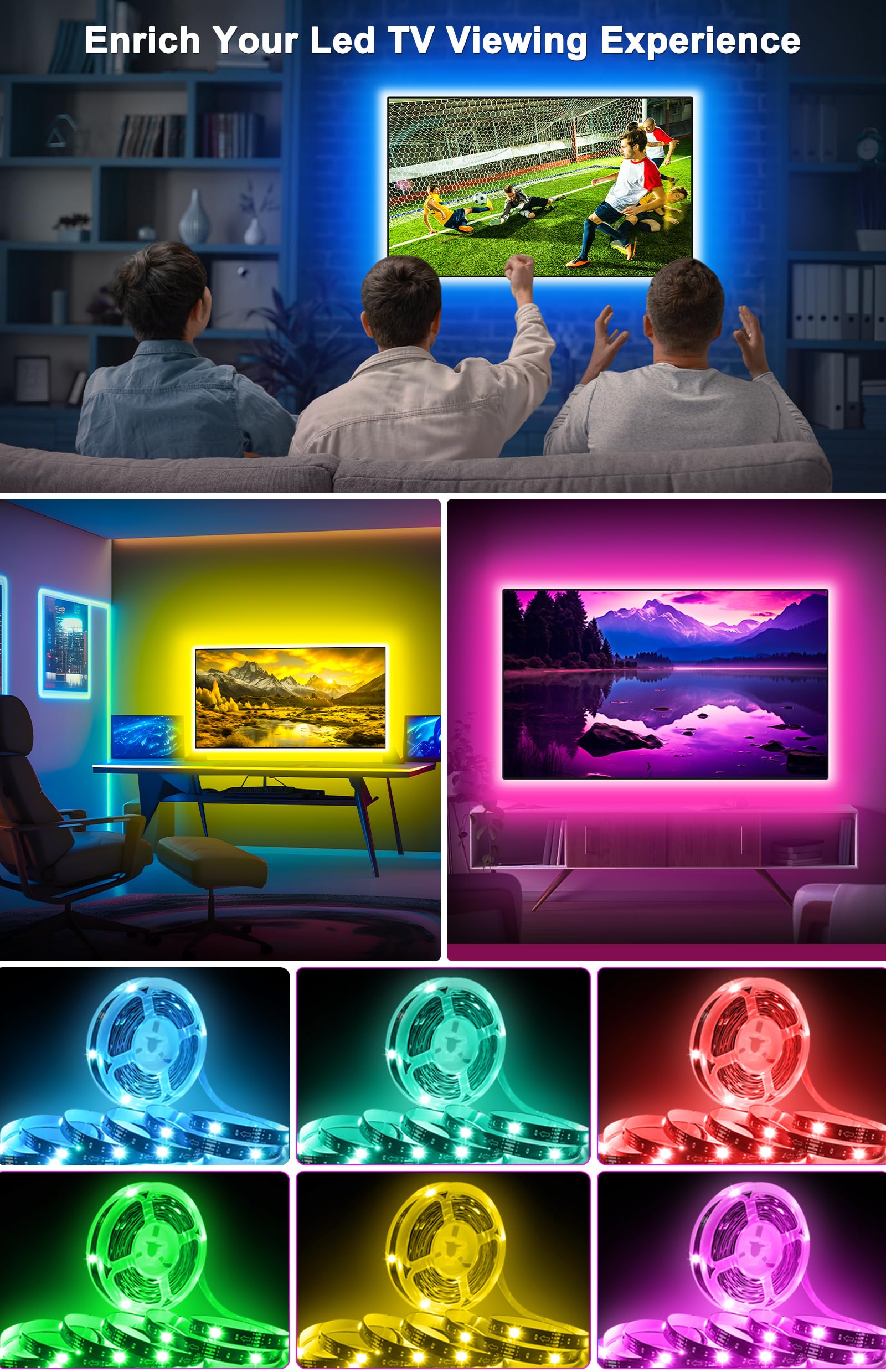 Daymeet TV LED Backlight TV Led Lights 3M for 32-43in TVs, TV Backlights Sync with Music Led Lights for TV Bluetooth App Remote Control Dimmable RGB Led Strip Lights for Bedroom Gaming Room