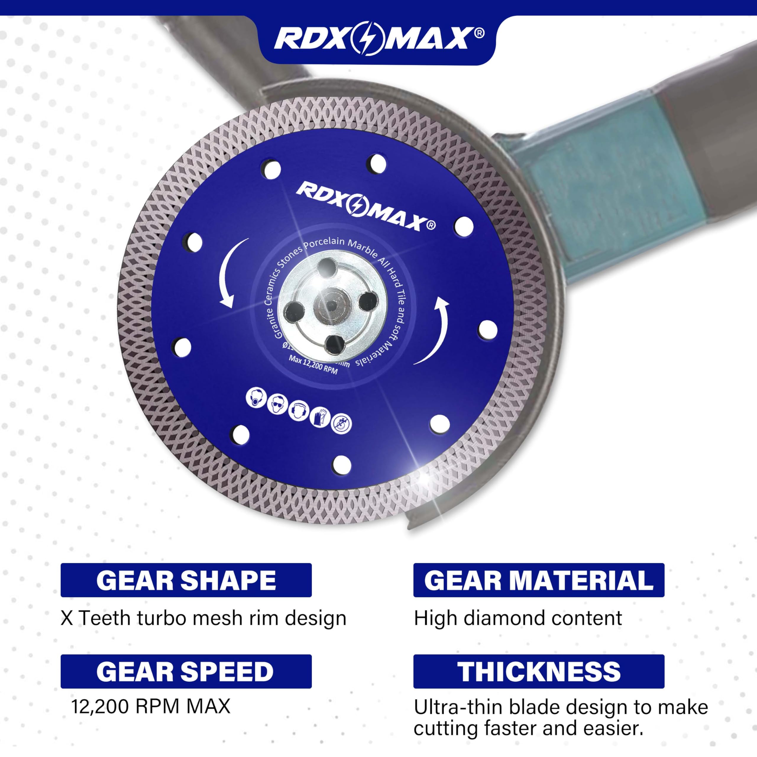 RDXMAX ® 115mm Diamond Cutting Discs for Angle Grinder - Super Thin Fast, Clean Cut on Porcelain, Granite, Marble, Concrete, Tiles, Stones, Bricks & Ceramics- 4.5 inches Wheel - Size 115 x 1.2 x 22.23mm