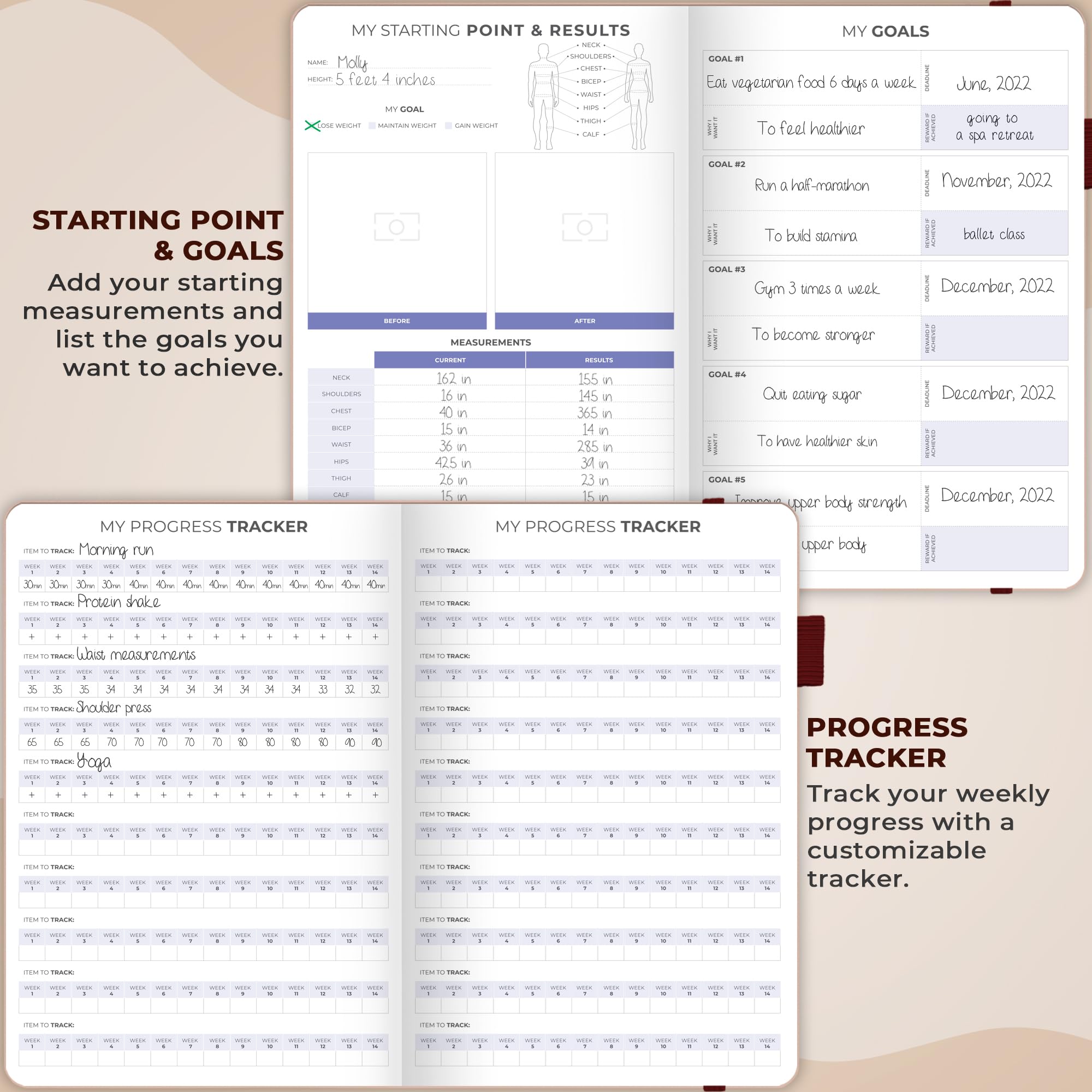 Clever Fox Fitness & Food Journal – Nutrition & Workout Planner for Women & Men – Diet & Gym Exercise Log Book with Calendars, Diet & Training Trackers - Undated, A5, Hardcover (Rose Gold)