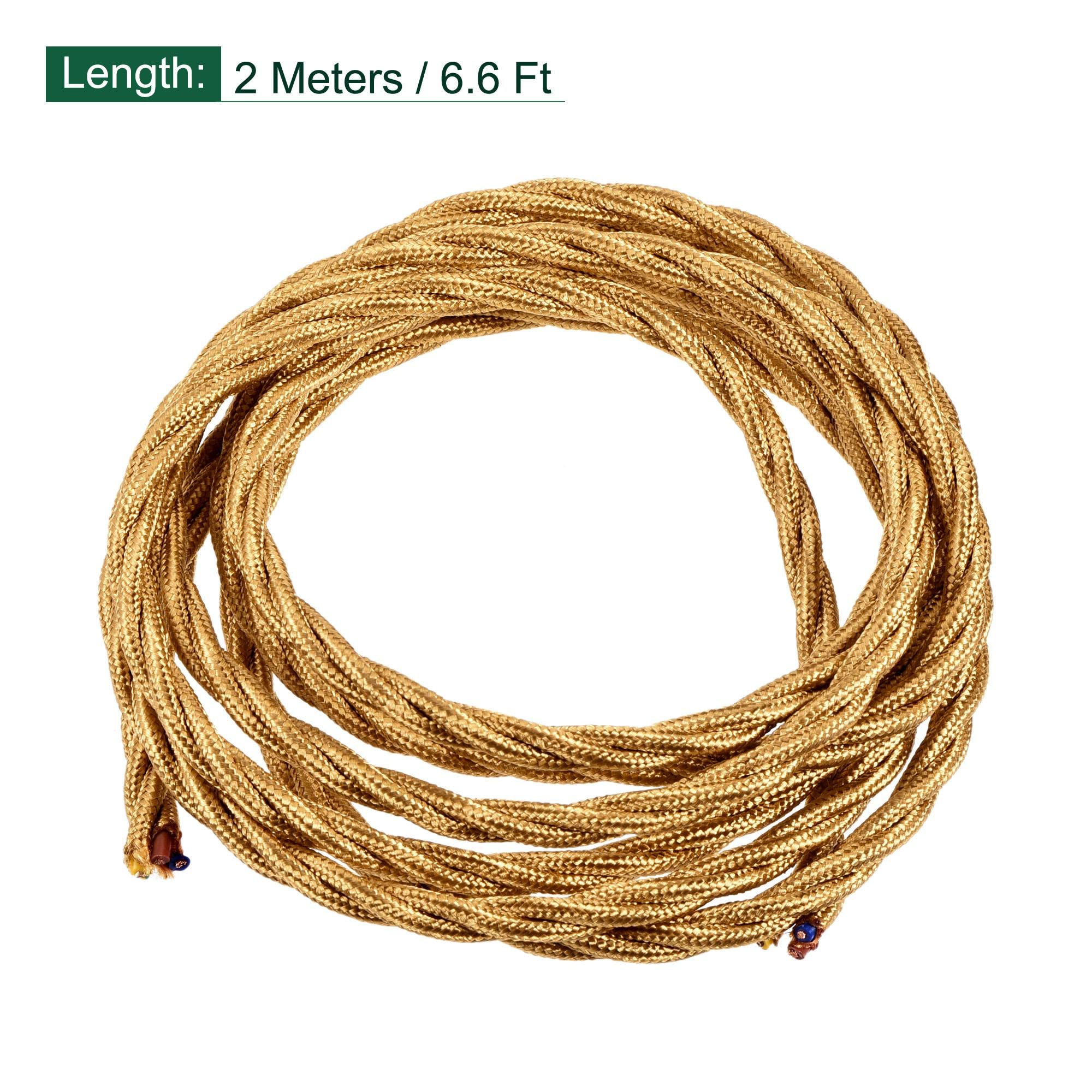 sourcing map Twisted Cloth Covered Wire 3 Core 18AWG 2 Meter/6.6 Feet, Vintage Woven Fabric Electrical Cable for Pendant Light DIY Project, Gold Tone