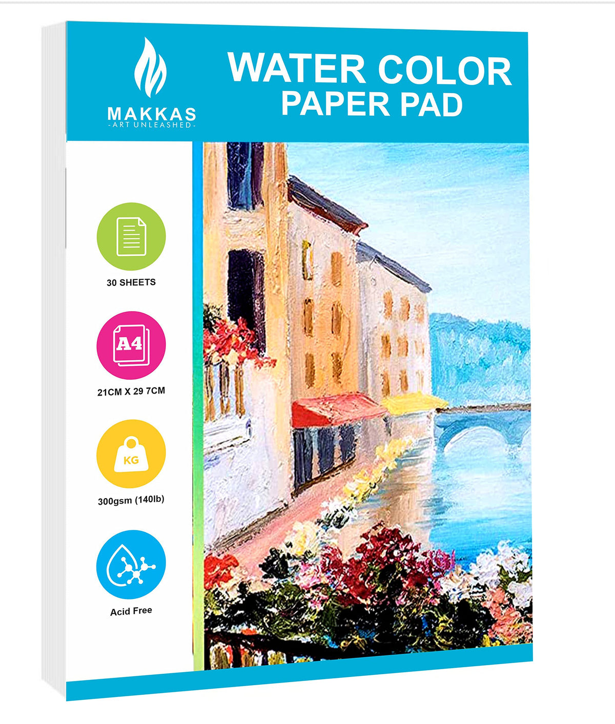 Makkas Watercolour Paper Pad A4 30 Sheets 140lb / 300gsm Cotton Blend Student Grade   Includes Pad Only   Cold Pressed & Acid Free Watercolour Sketchbook (Watercolour Pad)