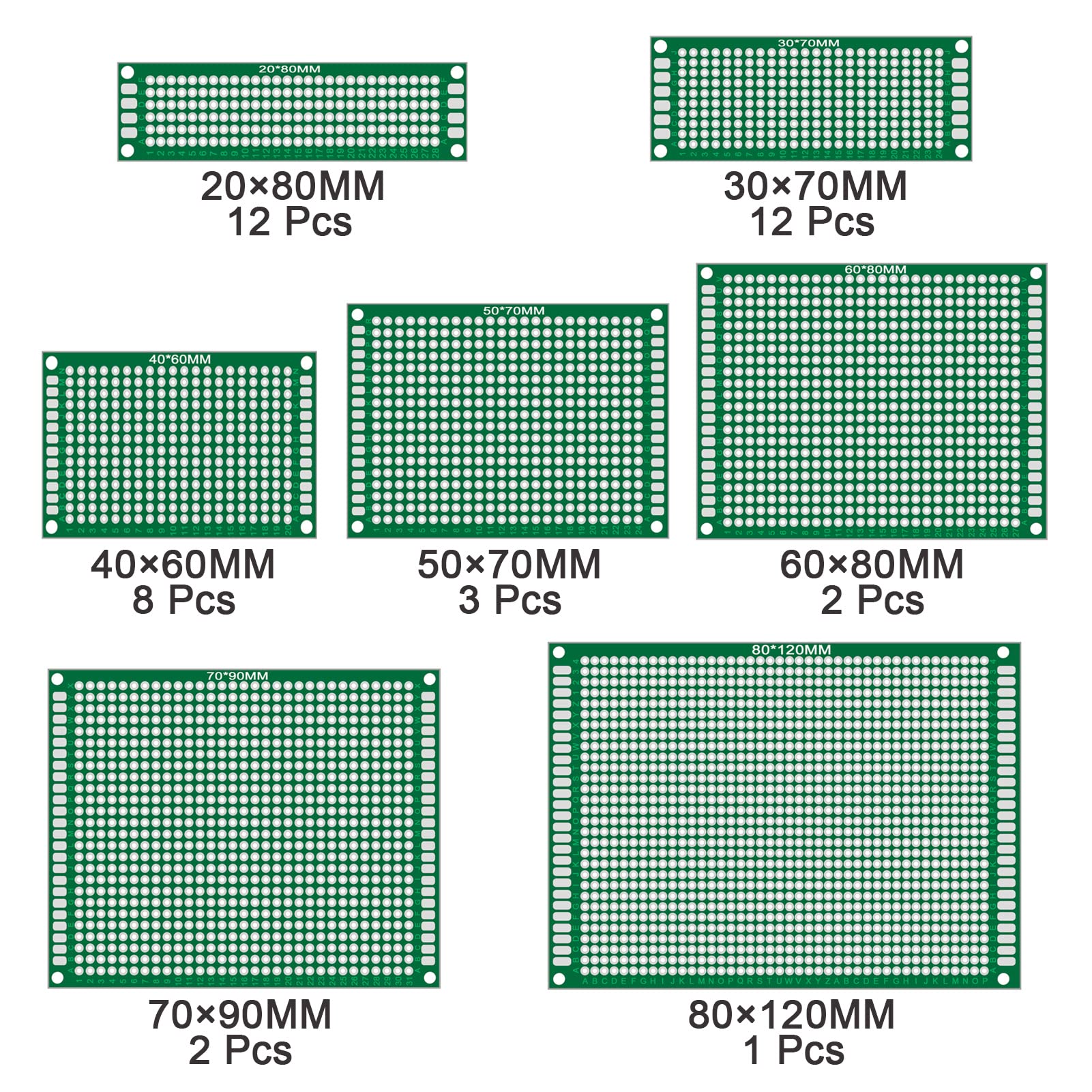 AUKENIEN 7 Values 40pcs PCB Board 2x8 3x7 4x6 5x7 6x8 7x9 8x12 Double Sided PCB Prototype Circuit Boards Kit Compatible with Arduino Kits for DIY Soldering and Electronic Project