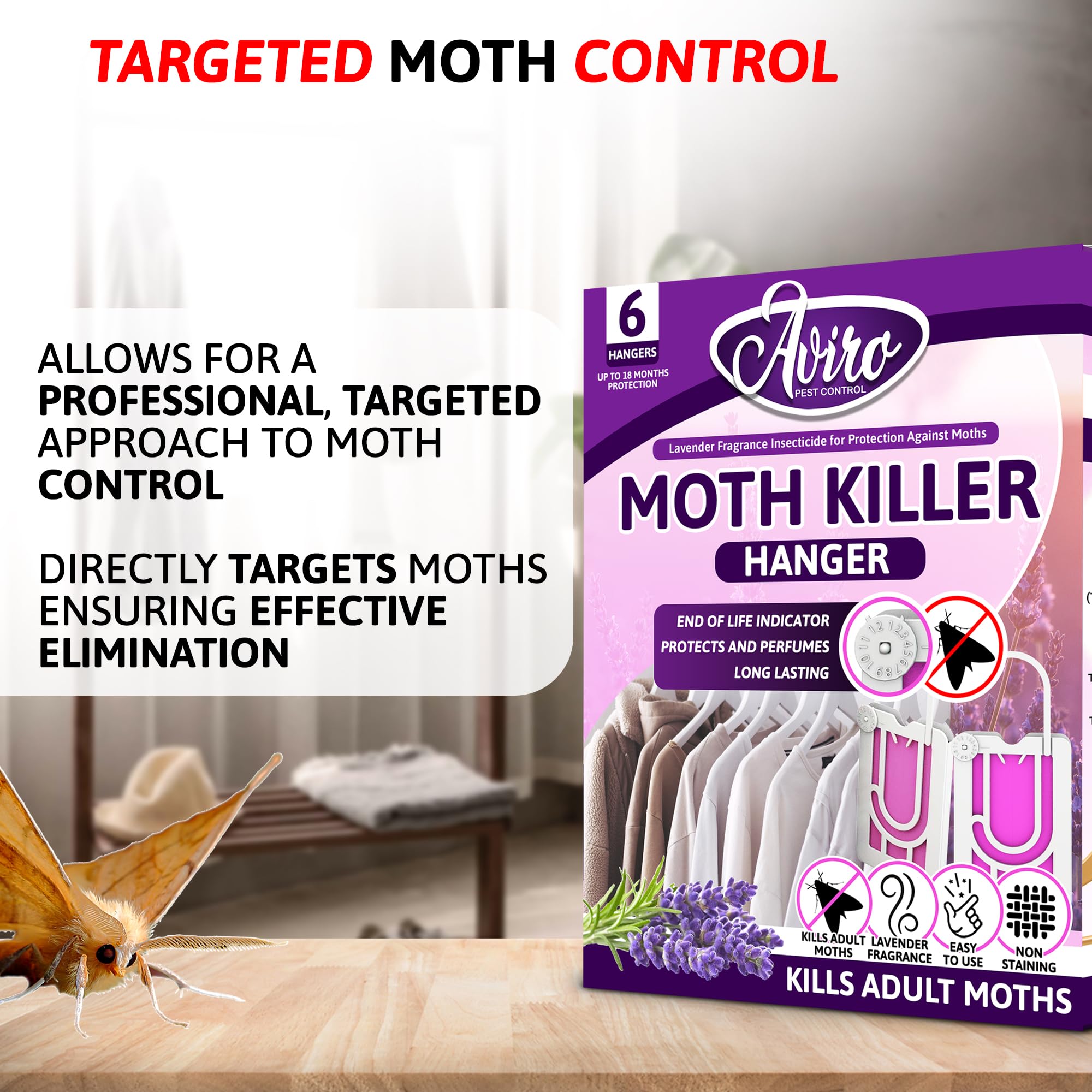 Aviro Moth Repellent for Wardrobes - 6 Moth Killer Hangers with Natural Lavender Scent. Highly Effective Moth Killer for Wardrobes, Drawers and Clothes Storage. Easy to Use Moth Repellent for Clothes