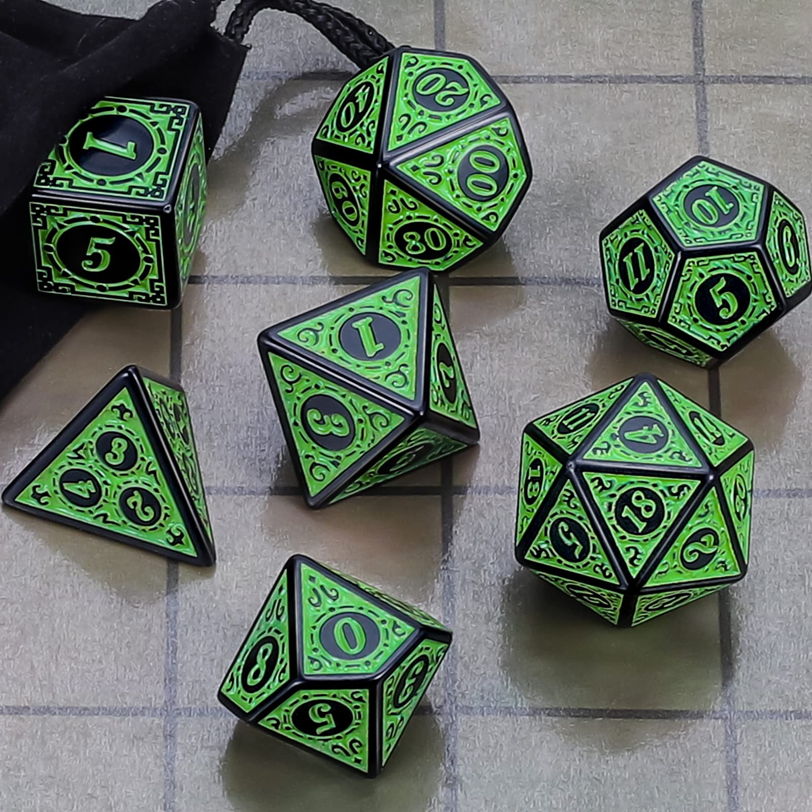 QMAY DND Dice Polyhedral Dice Set - 7 Pieces for Dungeon and Dragons MTG RPG D&D D20, D12, D10, D%, D8, D6, D4 (Green Engraving)