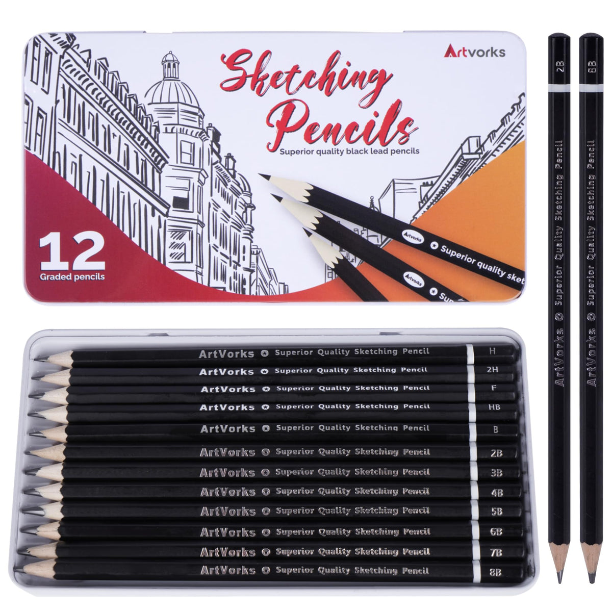 Artvorks 12 PCS Drawing Pencils – Professional Sketching Pencils (8B-2H) in a Robust Metal Case – Ideal for Drawing, Sketching, Shading for Artists & Beginners