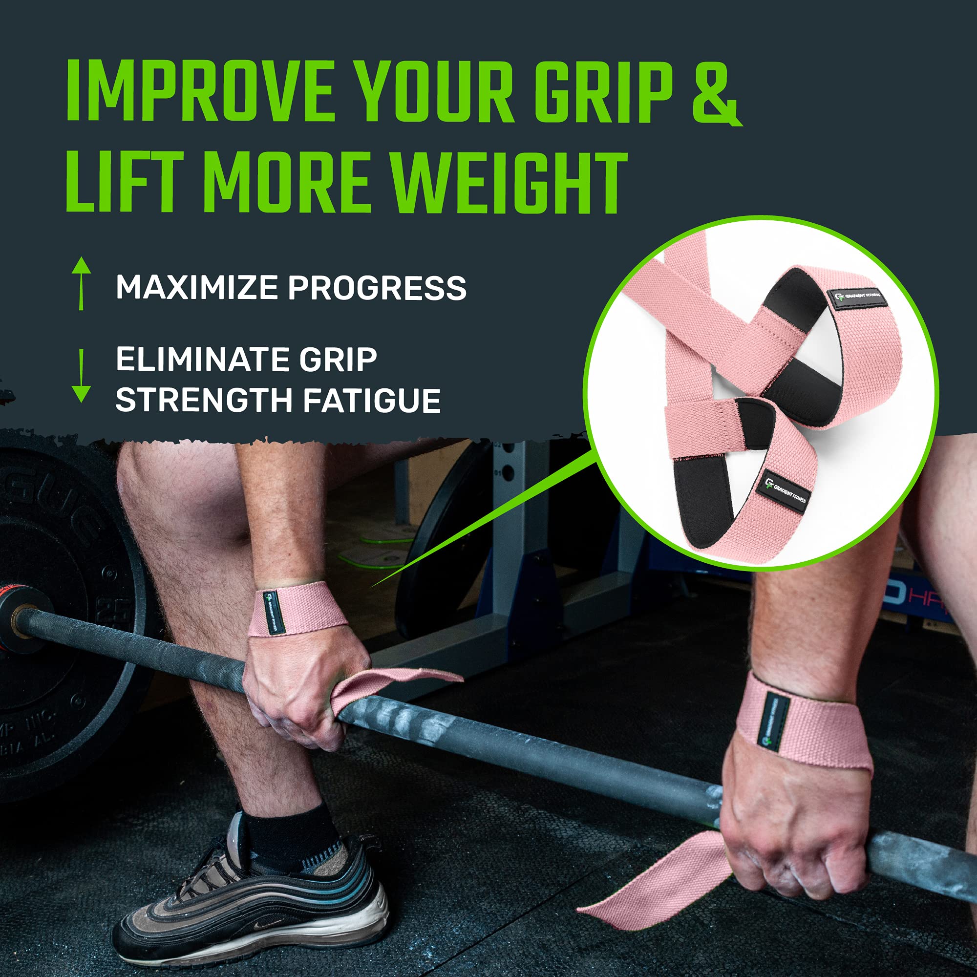 Gradient Fitness Weight Lifting Wrist Straps (2 Pack)   Soft Neoprene Padded 20” Straps. Reduces Injury Risk for Weightlifting, Bodybuilding, Powerlifting, Strength Training, and Deadlifts (Pink)