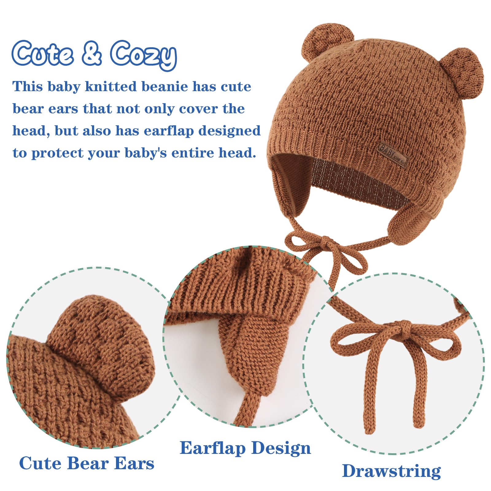 XIAOHAWANG Baby Earflap Beanie Hat Soft Baby Boy Knit Beanies Cute Bear Infant Toddler Girl Hats Autumn Winter (M, Brown)