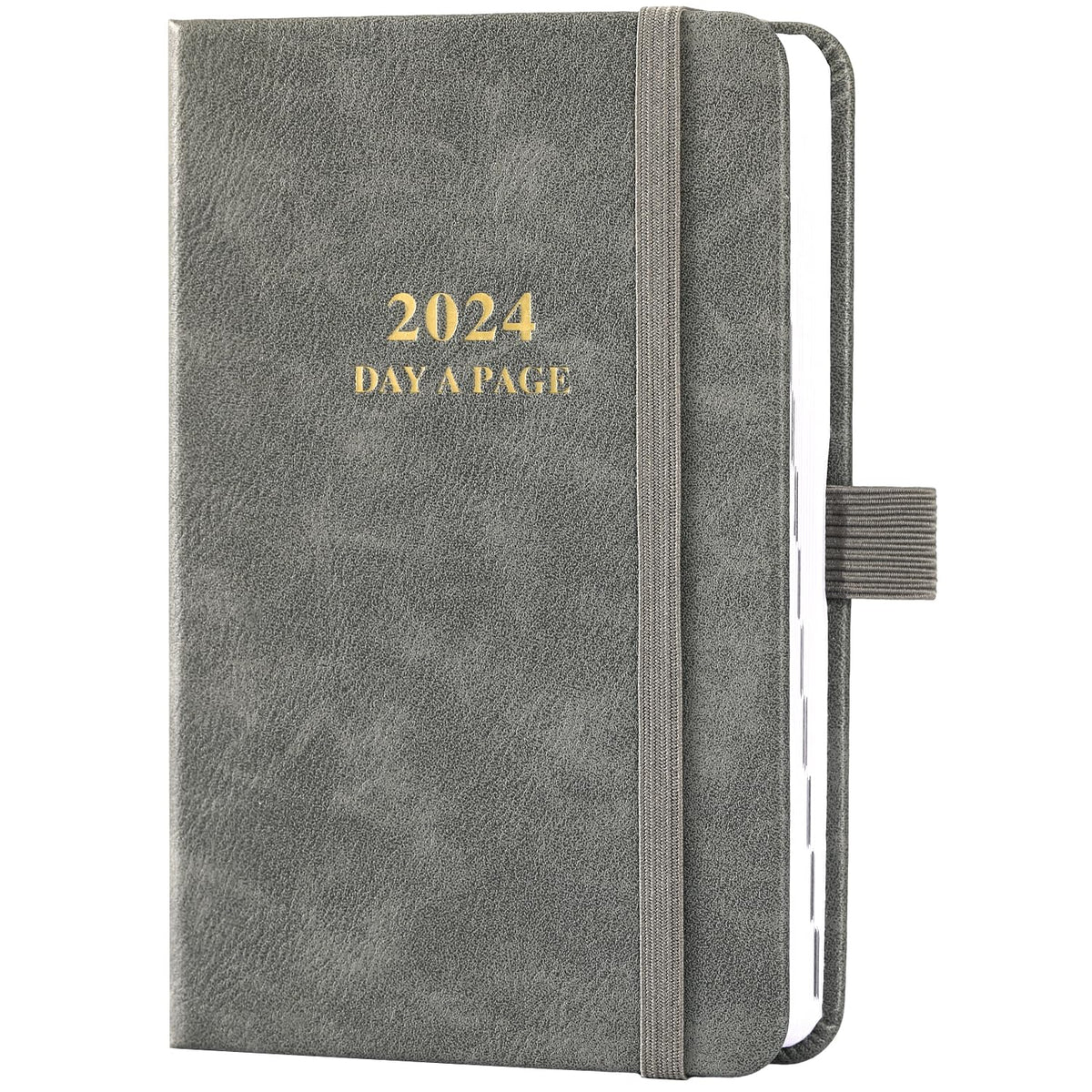 Pocket Diary 2024 - Day Per Page Diary 2024, Daily Planner from January to December 2024, Pocke Size 9x12 CM, with Faux Leather Hardcover, Elastic Closure, Back Pocket, Grey