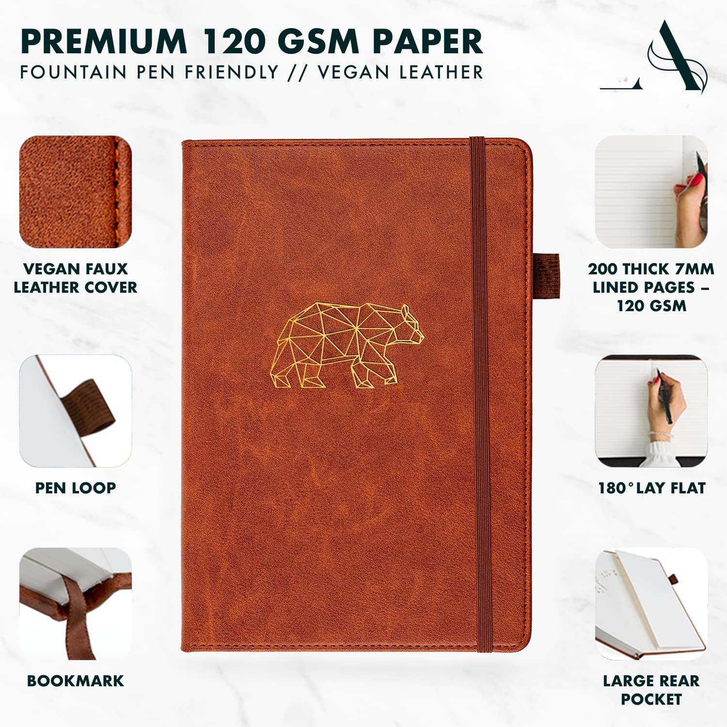 Notebook A5 Lined by Avocado and Spice® - Hardback A5 Journal Notebook - Faux Leather A5 Notepad - Bookmark, Elastic Strap, Pen Holder, 200 Thick Pages (Brown, Lined)