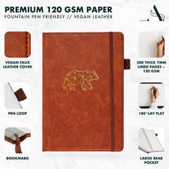 Notebook A5 Lined by Avocado and Spice® - Hardback A5 Journal Notebook - Faux Leather A5 Notepad - Bookmark, Elastic Strap, Pen Holder, 200 Thick Pages (Brown, Lined)