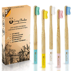 Lamcy Bamboo Toothbrushes for Adults with Medium Bristles   Pack of 5 Natural Bamboo Toothbrush   Eco-Friendly Natural Wooden Toothbrush   Organic Biodegradable Handle   BPA Free Tooth Brushes