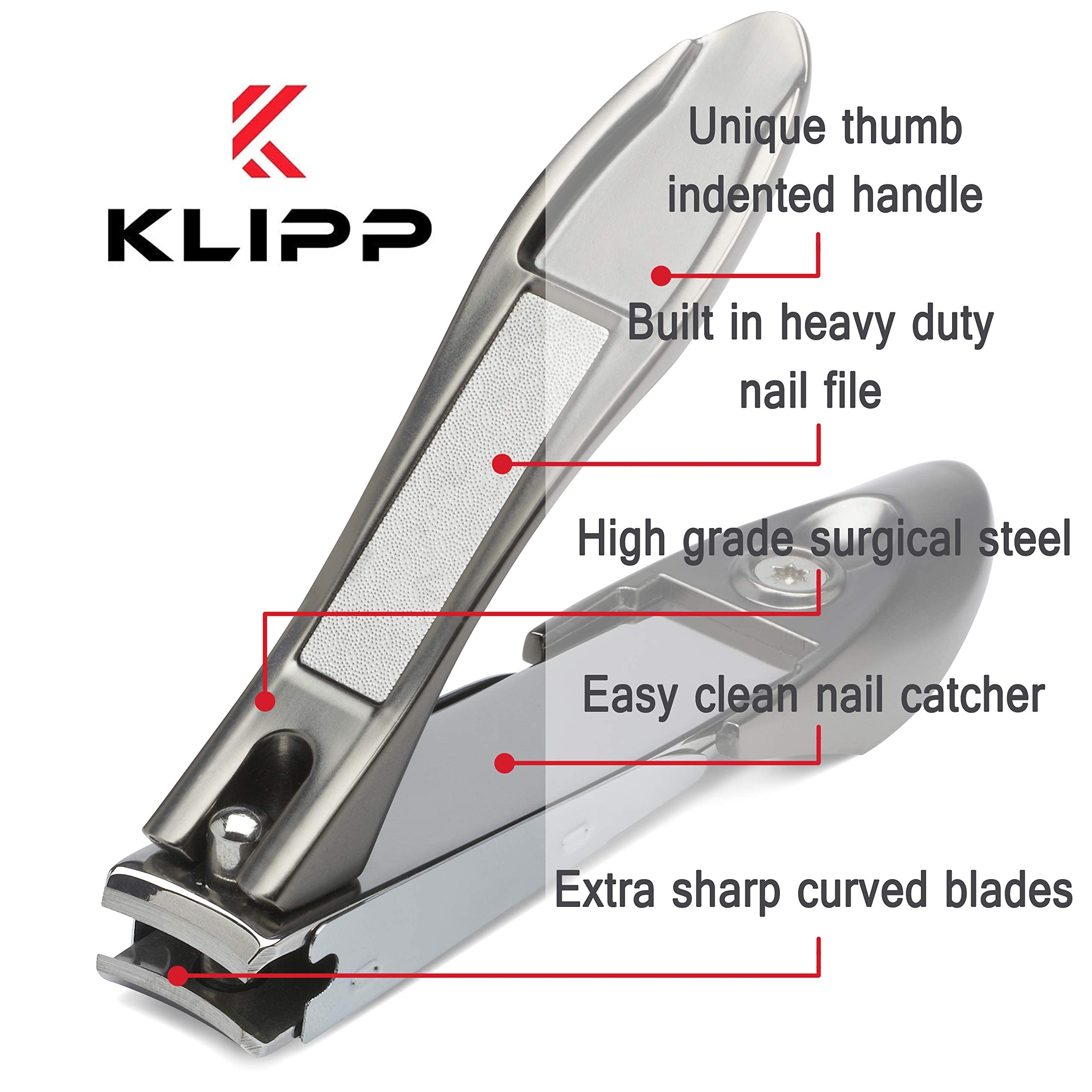 KLIPP Nail Clippers with Catcher – Heavy Duty Stainless Steel Fingernail and Toe Nail Cutter with Curved Surgical Blades and Built-in Nail File – Ergonomic Handle with Wide Jaws for Thick Nails