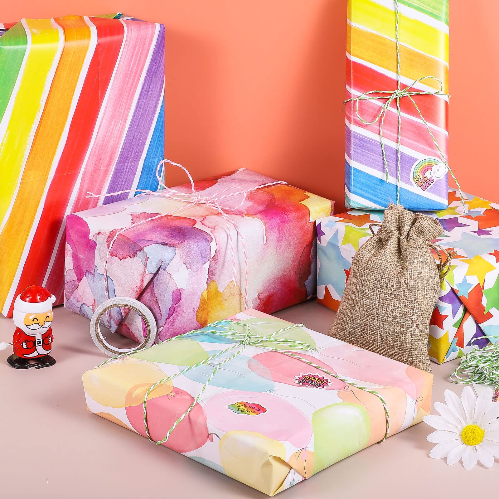 6 x Rainbow Wrapping Paper, 50 x 70cm Happy Birthday Wrapping Paper with Sticker and Rope Gift Wrap Set for Festival, Party or Wedding Gift Wrapping