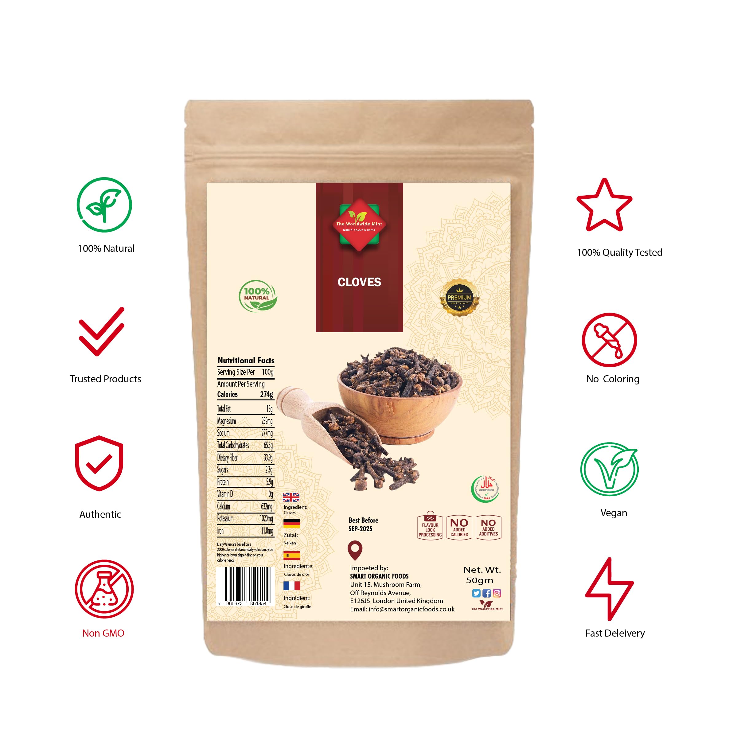 Cloves Whole   50G  Premium Quality   Sun Dried   Indonesian  Gluten Free   Non GMO   No Additives   No Preservatives  50G