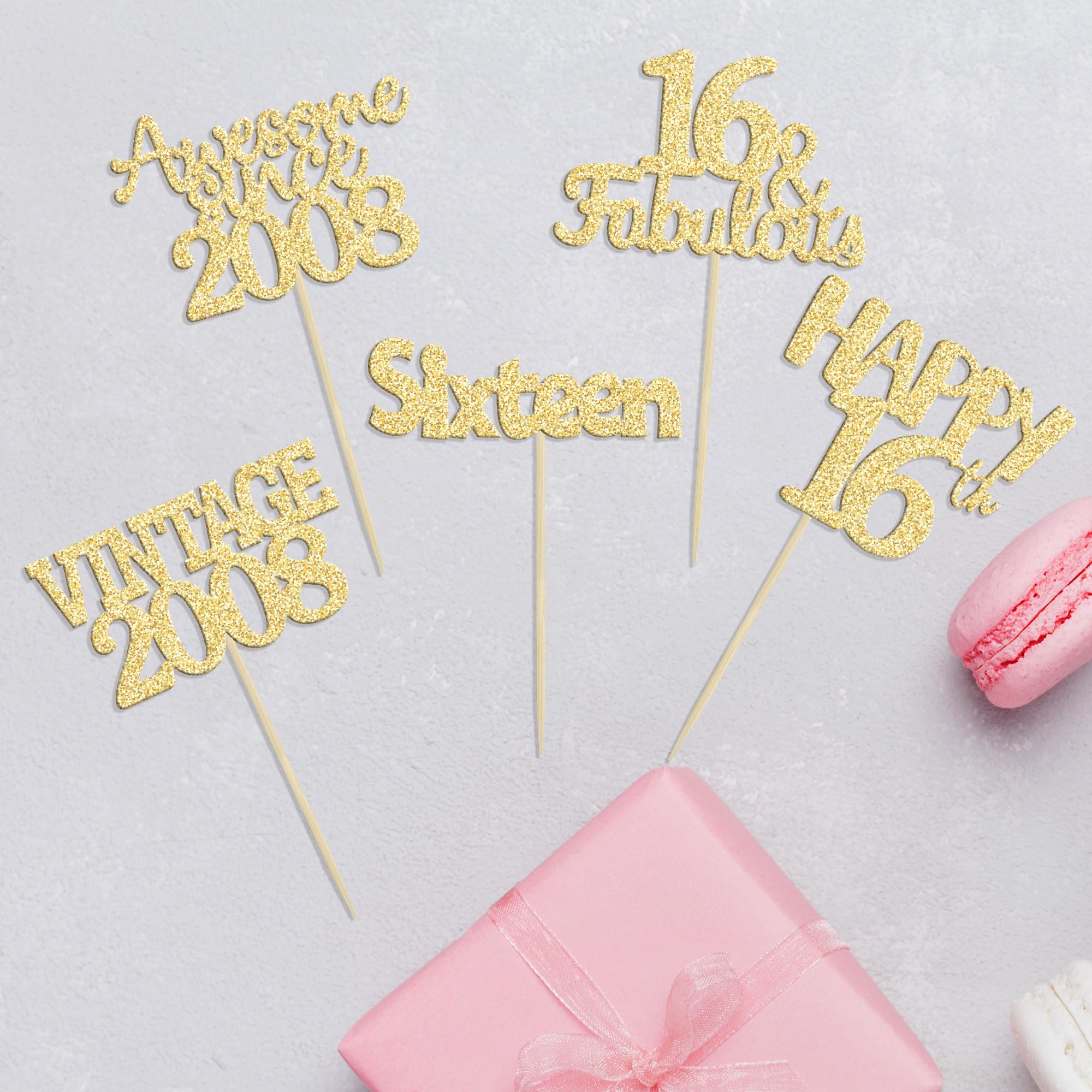 Gyufise 30Pcs Happy 16th Cupcake Toppers Glitter Fifteen Vintage 2008 Cupcake Picks Cheers to 16 Years Birthday Cake Decorations for Happy 16th Birthday Anniversary Party Supplies Gold