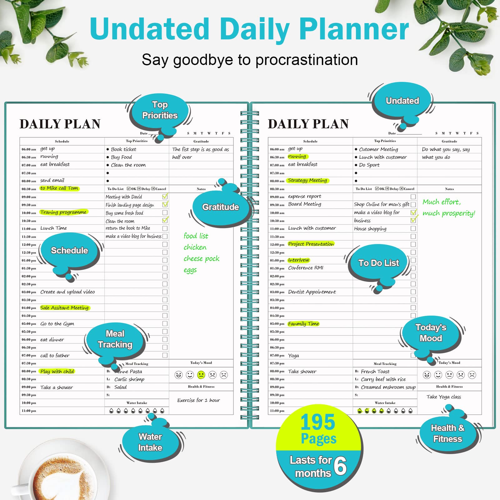 Planner Undated, Asten Daily Planner Agenda with to Do List, Hourly Schedules for Women and Men, Spiral Appointment Book with Elastic Closure, Inner Pocket 21.6 x 28cm (Blue)