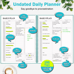 Planner Undated, Asten Daily Planner Agenda with to Do List, Hourly Schedules for Women and Men, Spiral Appointment Book with Elastic Closure, Inner Pocket 21.6 x 28cm (Blue)