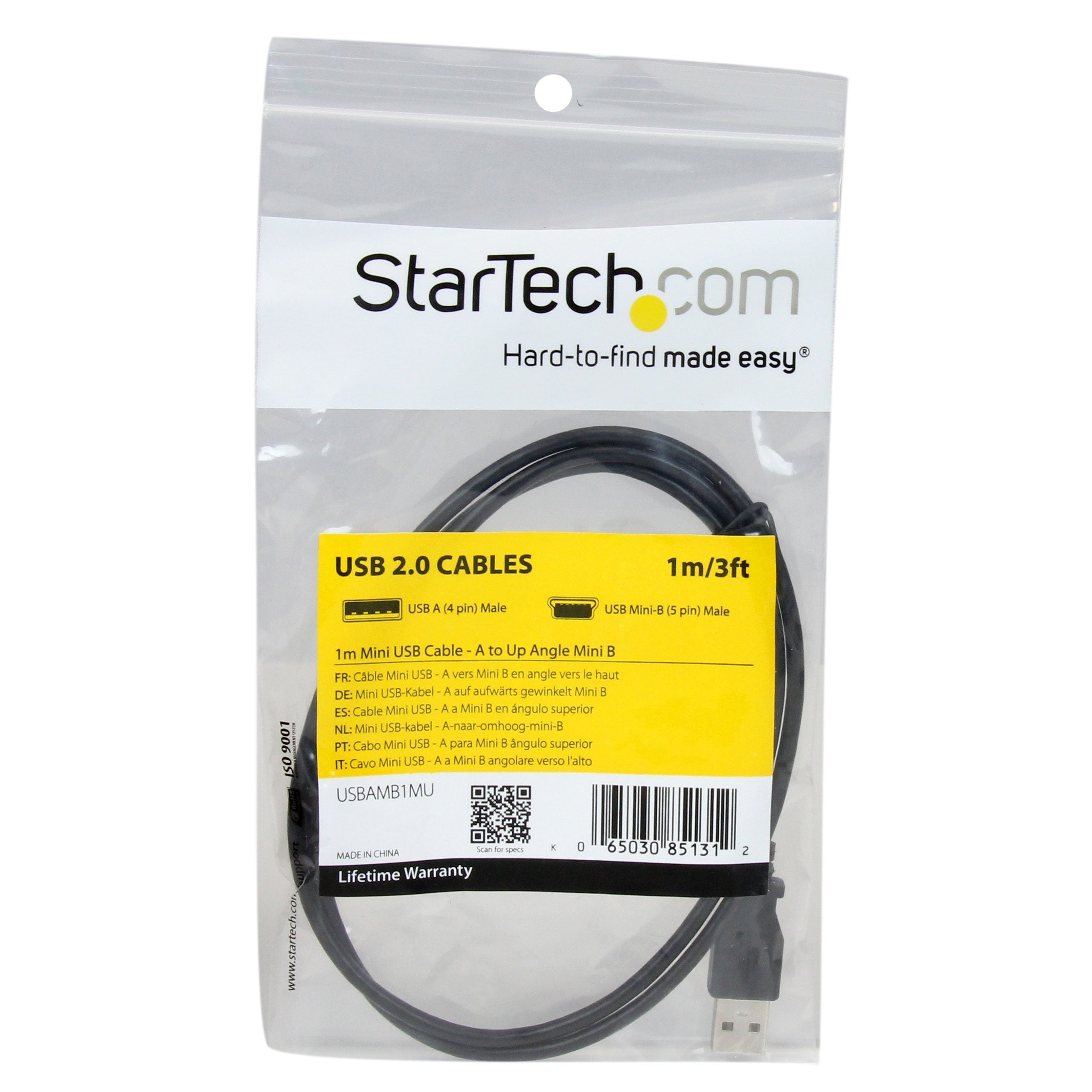 StarTech.com 1m Mini USB Cable Cord - A to Up Angle Mini B - Up Angled Mini USB Cable - 1x USB A (M), 1x USB Mini B (M) - Black (USBAMB1MU)