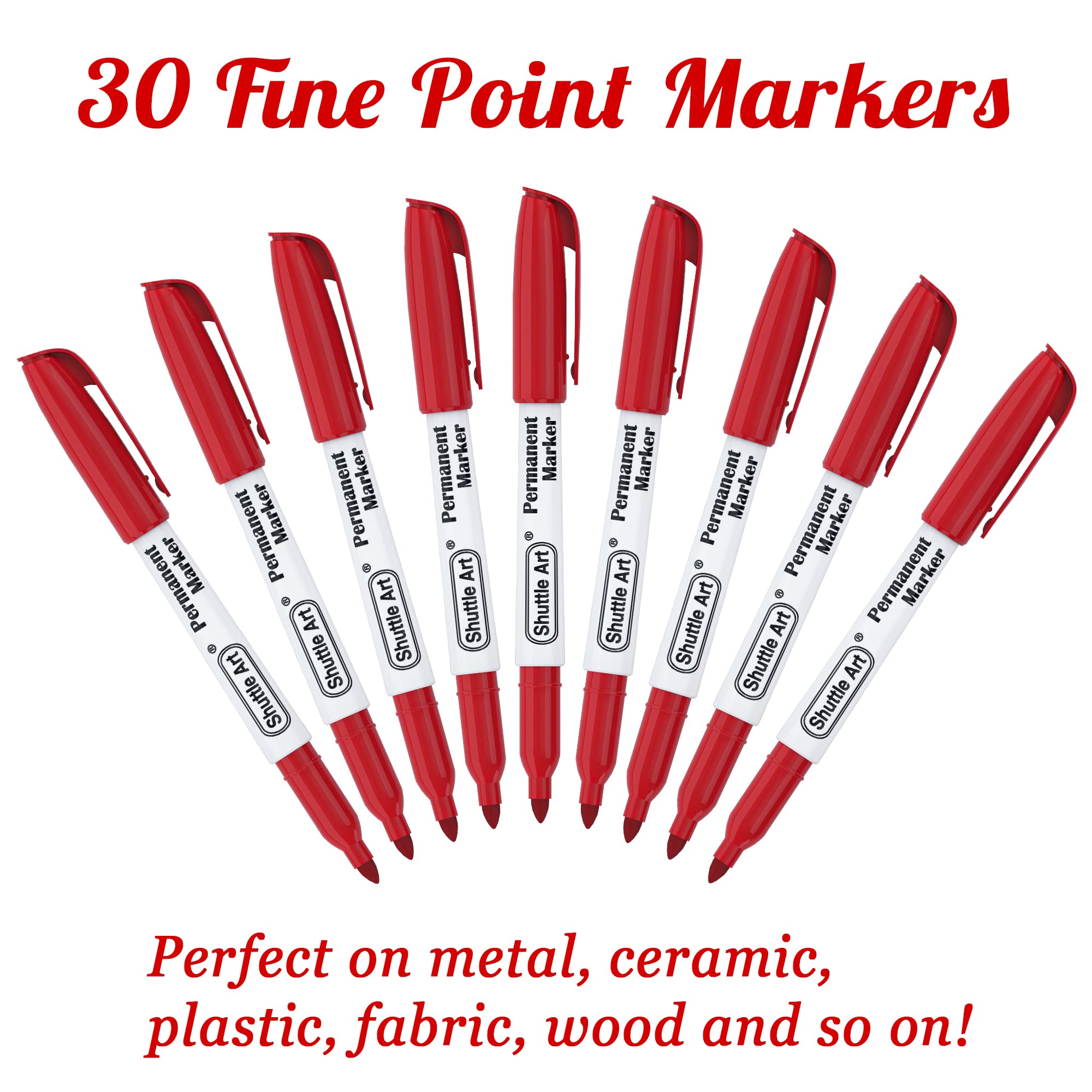 Shuttle Art Red Permanent Markers, 30 Pack Fine Point Red Ink Marker Pens, Works on Plastic, Wood, Stone, Metal and Glass for Doodling, Colouring, Marking Office School Supplies