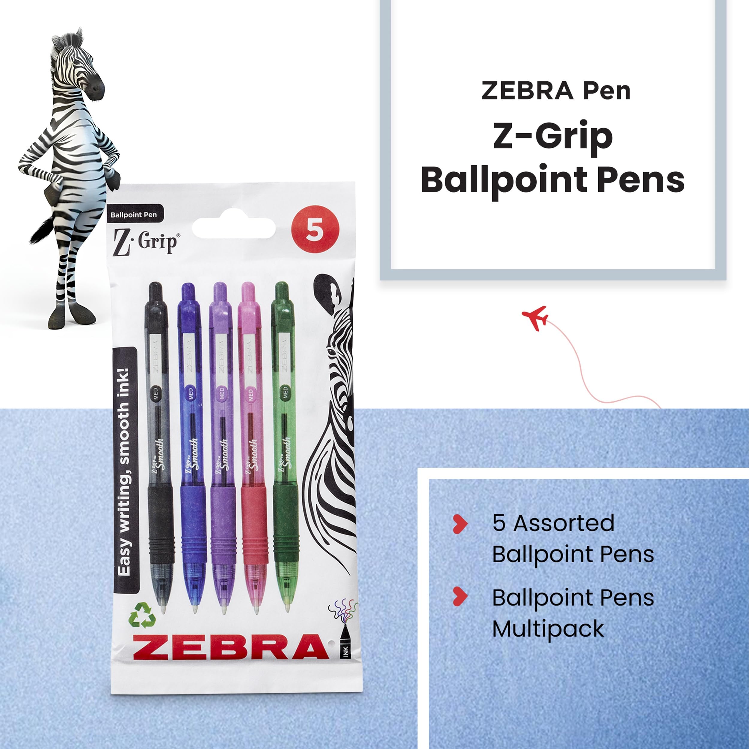 ZEBRA Pen Z Grip Smooth Multi- Coloured & Black Ballpoint Pens, Smooth & Comfortable Retractable Pens With Pocket Clip, Multipack Biro Pens - Medium Point, 5 pack