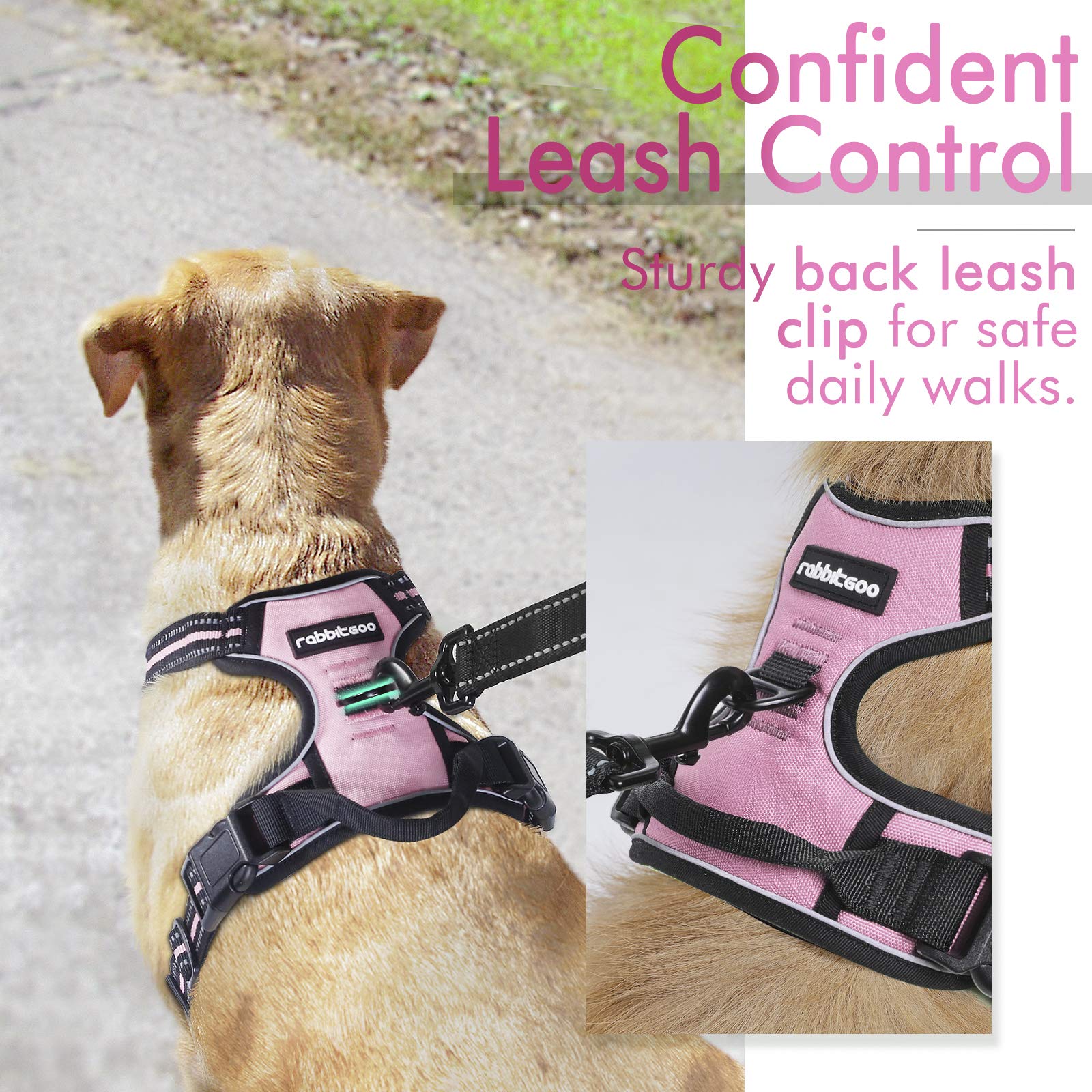 rabbitgoo Dog Harness Small Dog No Pull Pet Harness with 2 Leash Clips, Adjustable Soft Padded Pet Vest Harness, Reflective No-Choke with Easy Control Handle for Training or Walking, Pink, XS