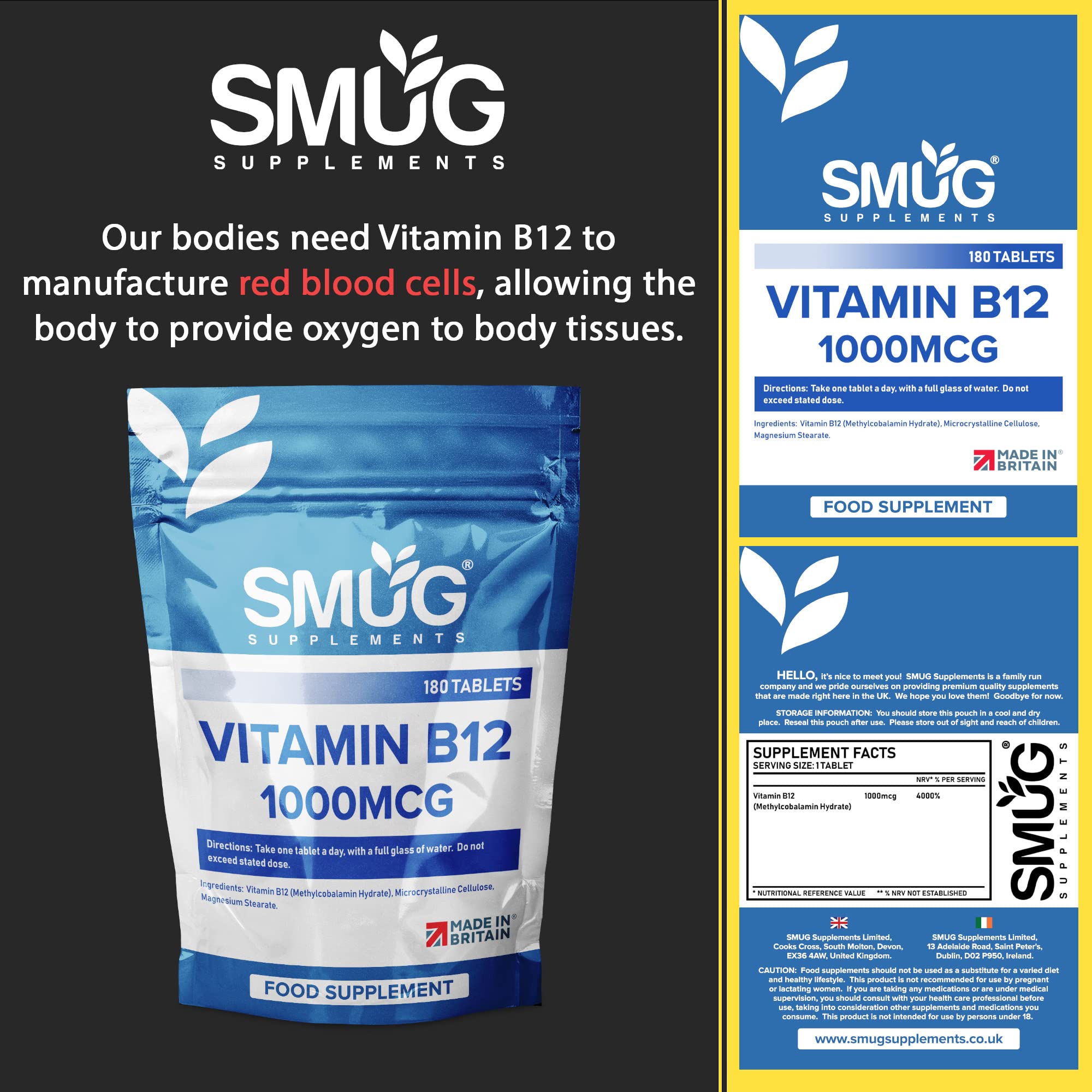 SMUG Supplements Vitamin B12 Tablets - 180 High Strength 1000mcg Pills - Contributes to The Reduction of Fatigue and Tiredness - Suitable for Men and Women - Vegan Friendly - Made in Britain