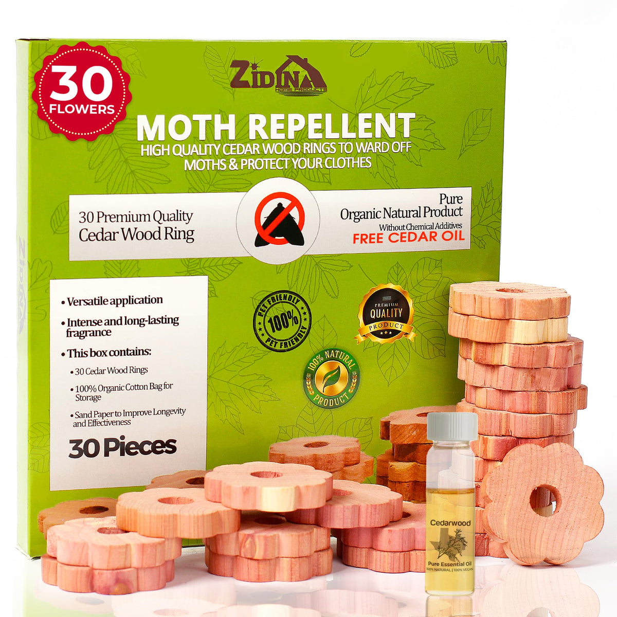 Zidina Moth Repellent for Wardrobes   30x Rings 100% Natural Cedar Wood Moth Repellent, Best Alternative to Moth Balls   Wardrobe Fresheners and Moth Killer   Organic Fabric Bag, Sand Paper Included