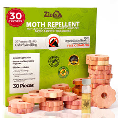 Zidina Moth Repellent for Wardrobes   30x Rings 100% Natural Cedar Wood Moth Repellent, Best Alternative to Moth Balls   Wardrobe Fresheners and Moth Killer   Organic Fabric Bag, Sand Paper Included