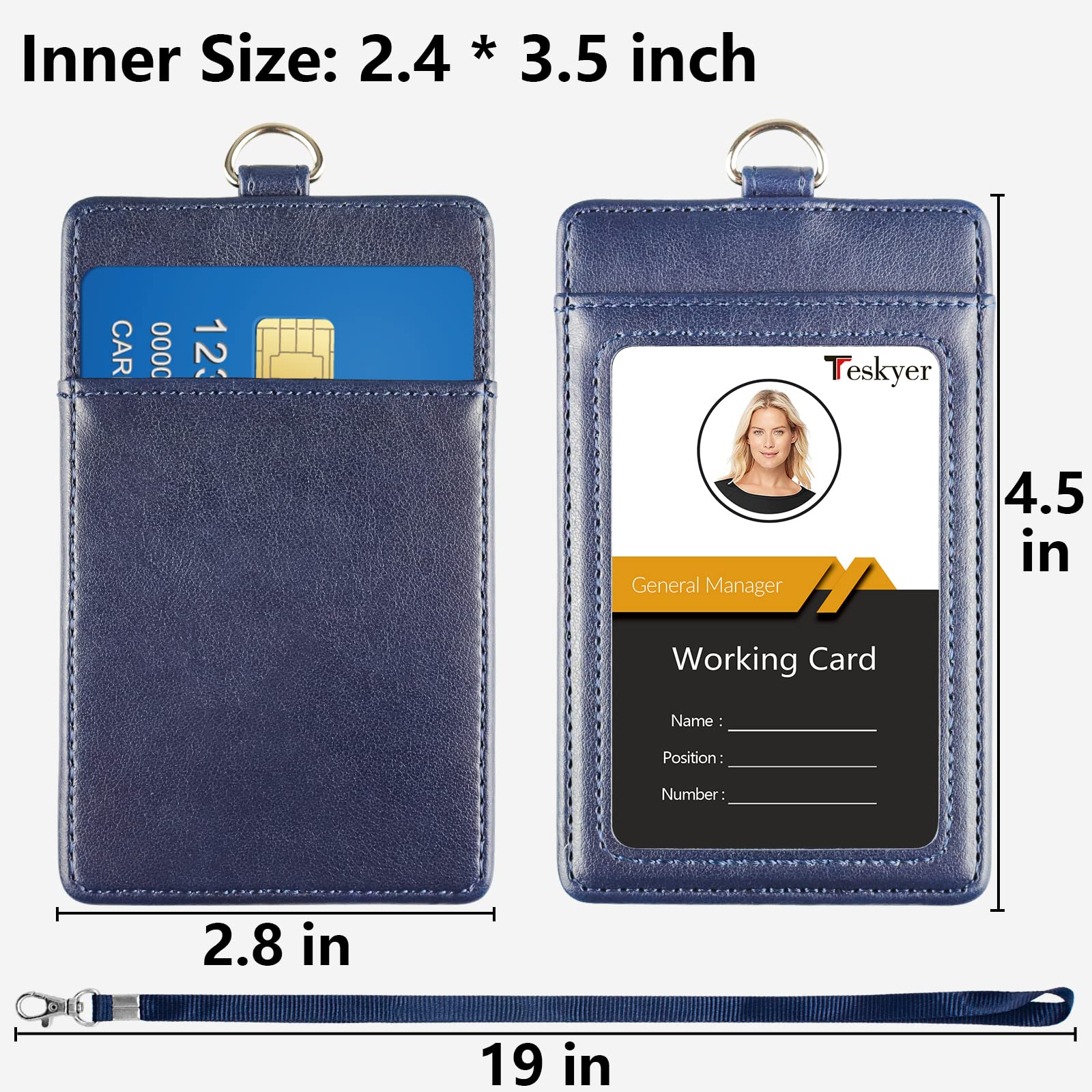 Teskyer Card Holder with Lanyard, ID Badge Holder with Clear Window and Holds 2 Cards, PU Leather Vertical Badge Holder for ID Cards, Offices, Schools, Bus Passes, Blue