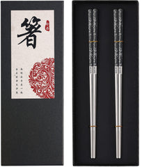 Metal Chopsticks Reusable Titanium Plated 18/8 Stainless Steel Chopsticks Dishwasher Safe Premium Non-Slip Laser Engraved Chop Sticks Korean Japanese Chinese Chopsticks 2 Pairs Gift Set Black Silver