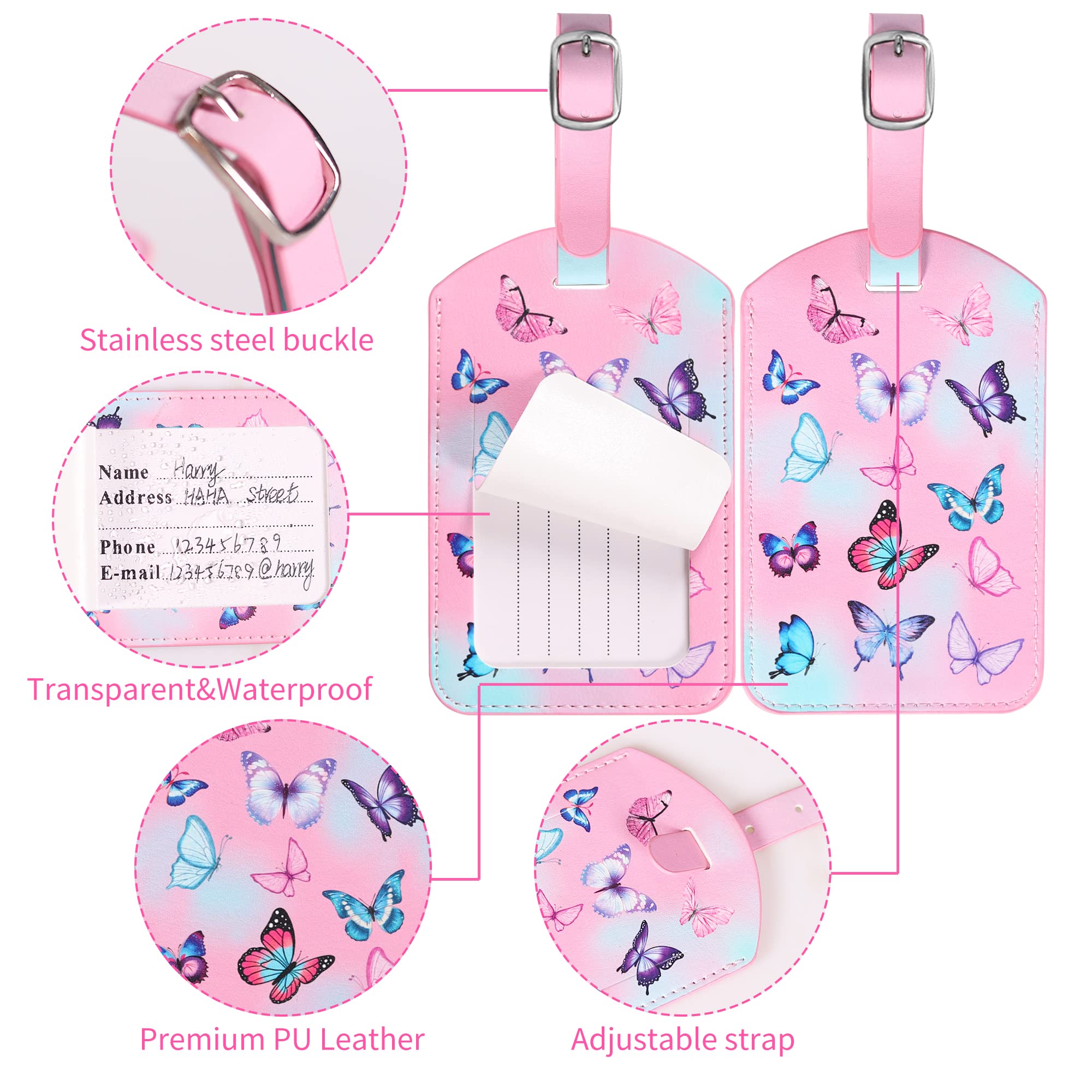 Luggage Tags,2 Pcs Leather Baggage Labels,Luggage Tags for Suitcases,Travel Luggage Tag with Name ID Card for Luggage Cruise Waterproof Travel Accessories (Butterfly)