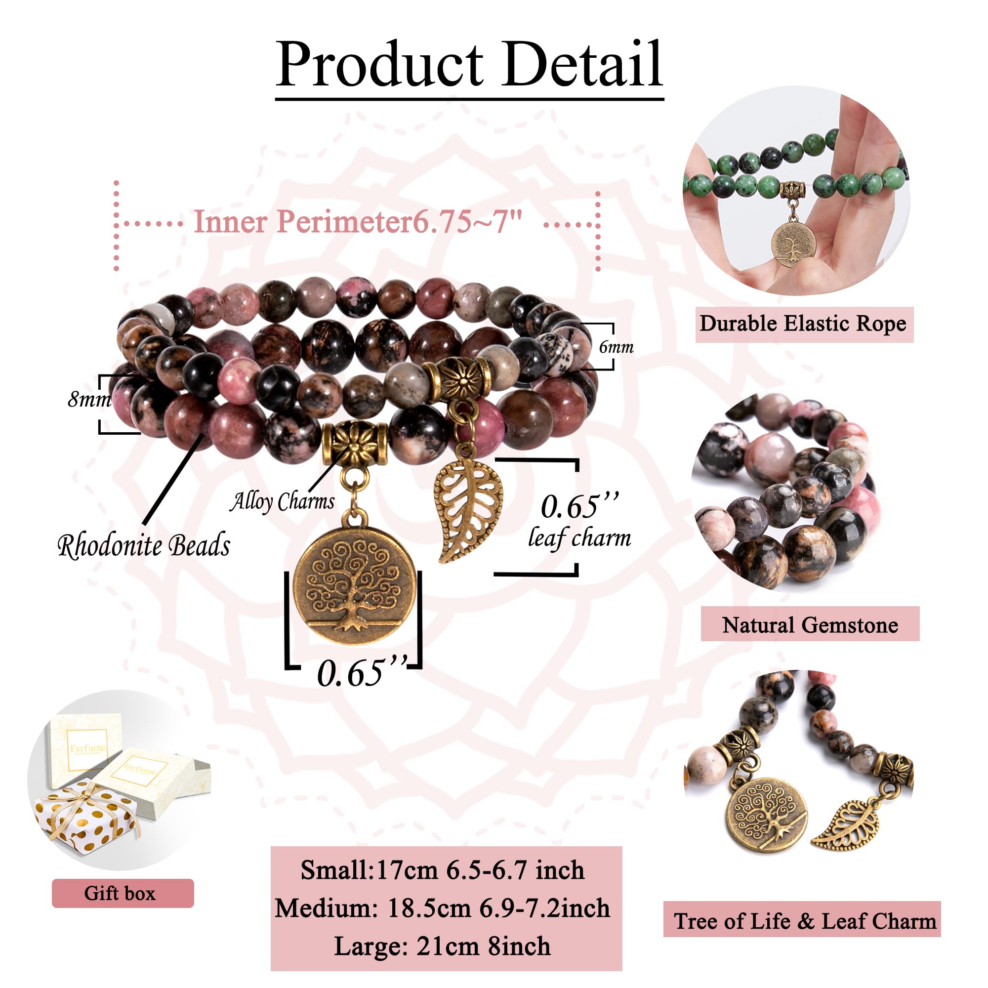 Farfume Chakra Bracelets for Women - Crystals Bracelet Women Natural Gemstones Yoga Reiki Bangle- A Set of Double Bracelets （Rhodonite Beads）