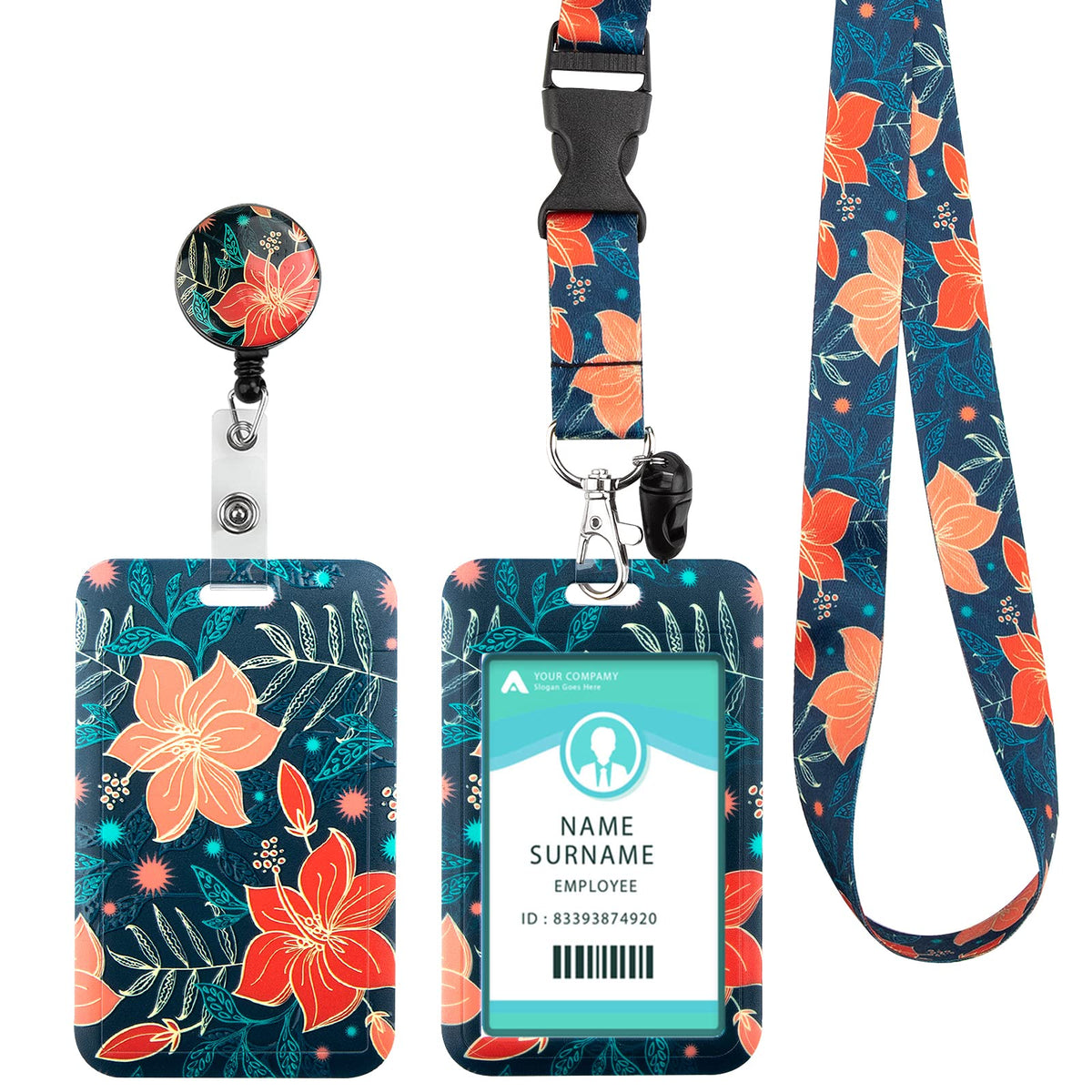 Lanyard with Card Holder, Adjustable Retractable Lanyards ID Badge Holder, for ID Card, Office, School(Red Flower)