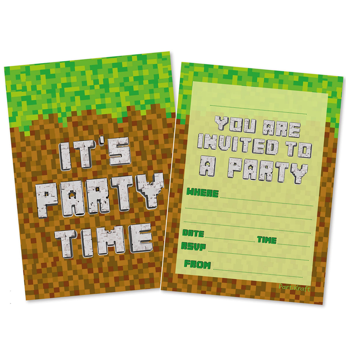 (Pack of 20) Mine Block Building Gamer Inspired Birthday Party Invitations (No Envelopes)