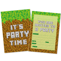 (Pack of 20) Mine Block Building Gamer Inspired Birthday Party Invitations with Green Envelopes