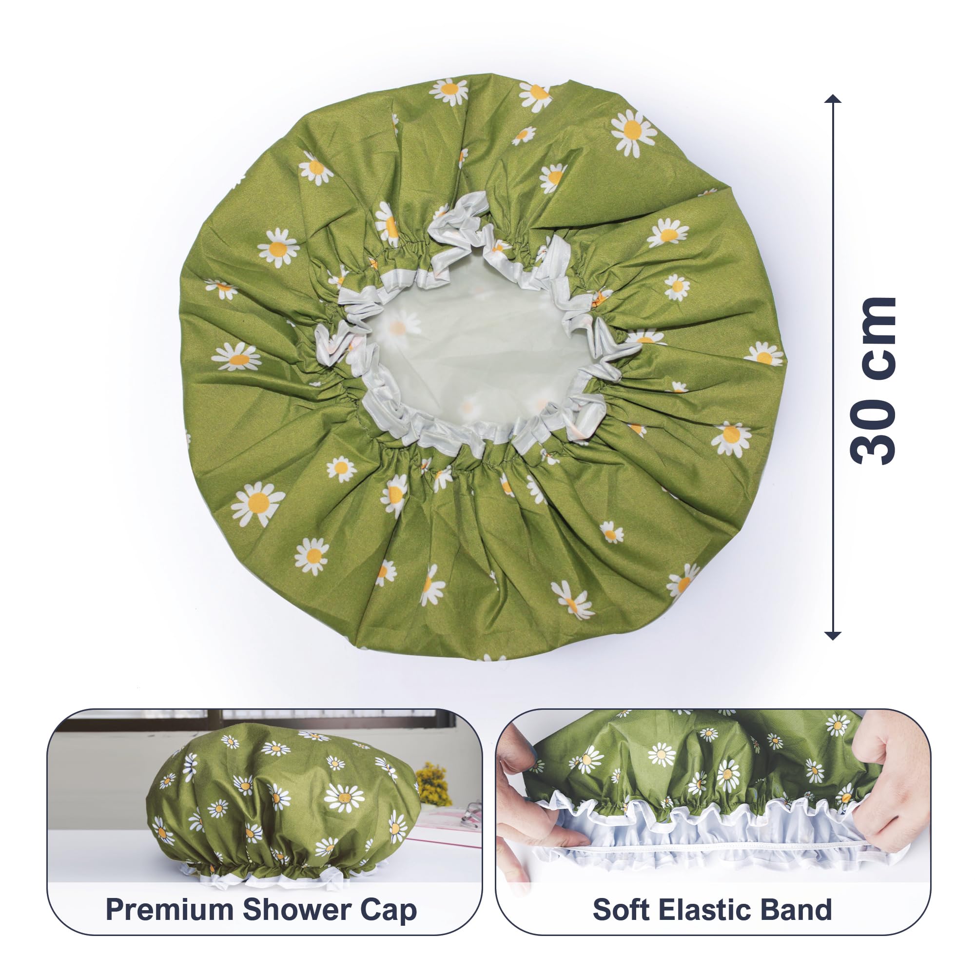 SARG Premium Double Layer Shower Cap for Women with Cool Green Design- Reusable Shower Cap for Hair - Waterproof Plastic Cap - Shower Caps for Long, Short and Curly Hairs