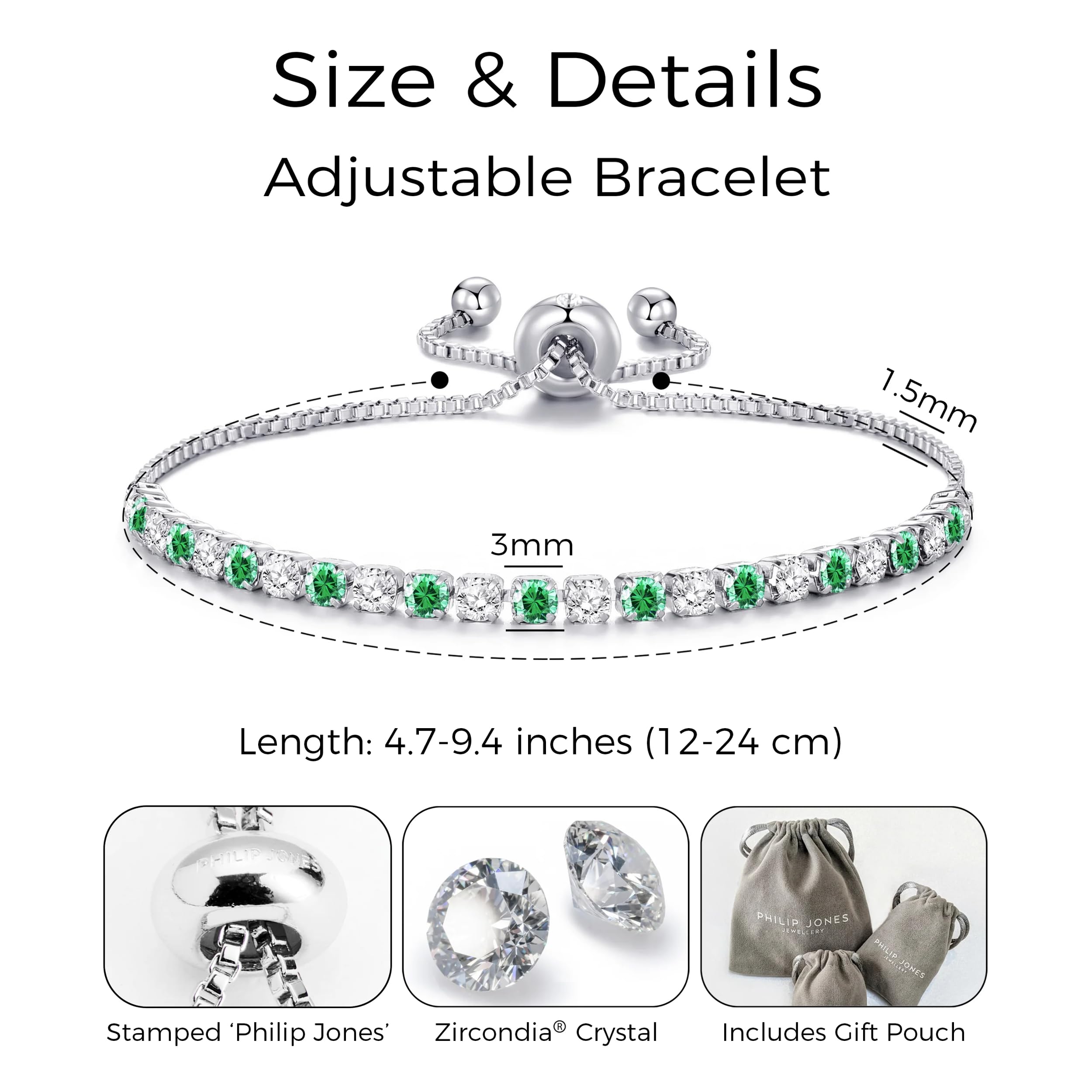 Philip Jones Silver Plated Adjustable Green Tennis Bracelet Created with Zircondia® Crystals