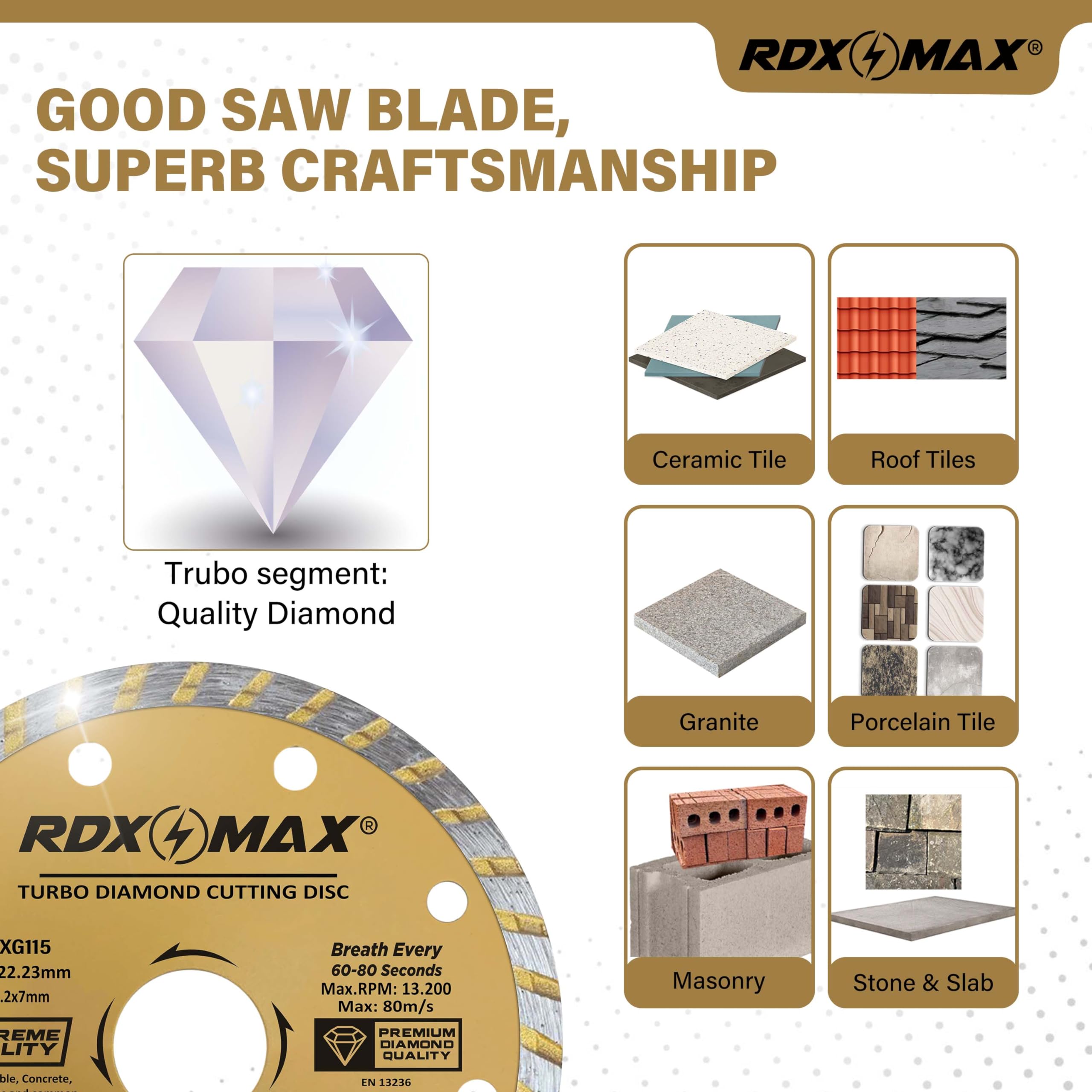 RDXMAX ® 115mm Diamond Cutting Discs for Angle Grinder-Super Thin Fast,Clean Cut on Porcelain,Granite,Marble,Concrete,Tiles,Stones,Bricks & Ceramics-4.5 inches Wheel -Size 115 x2.2 x22.23mm- 2 Pack Golden